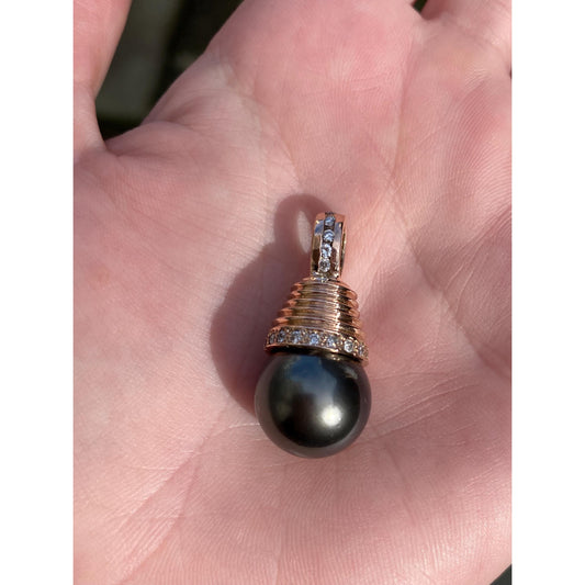 Vintage Solid 14k Rose Gold Diamond Grey Pearl Charm