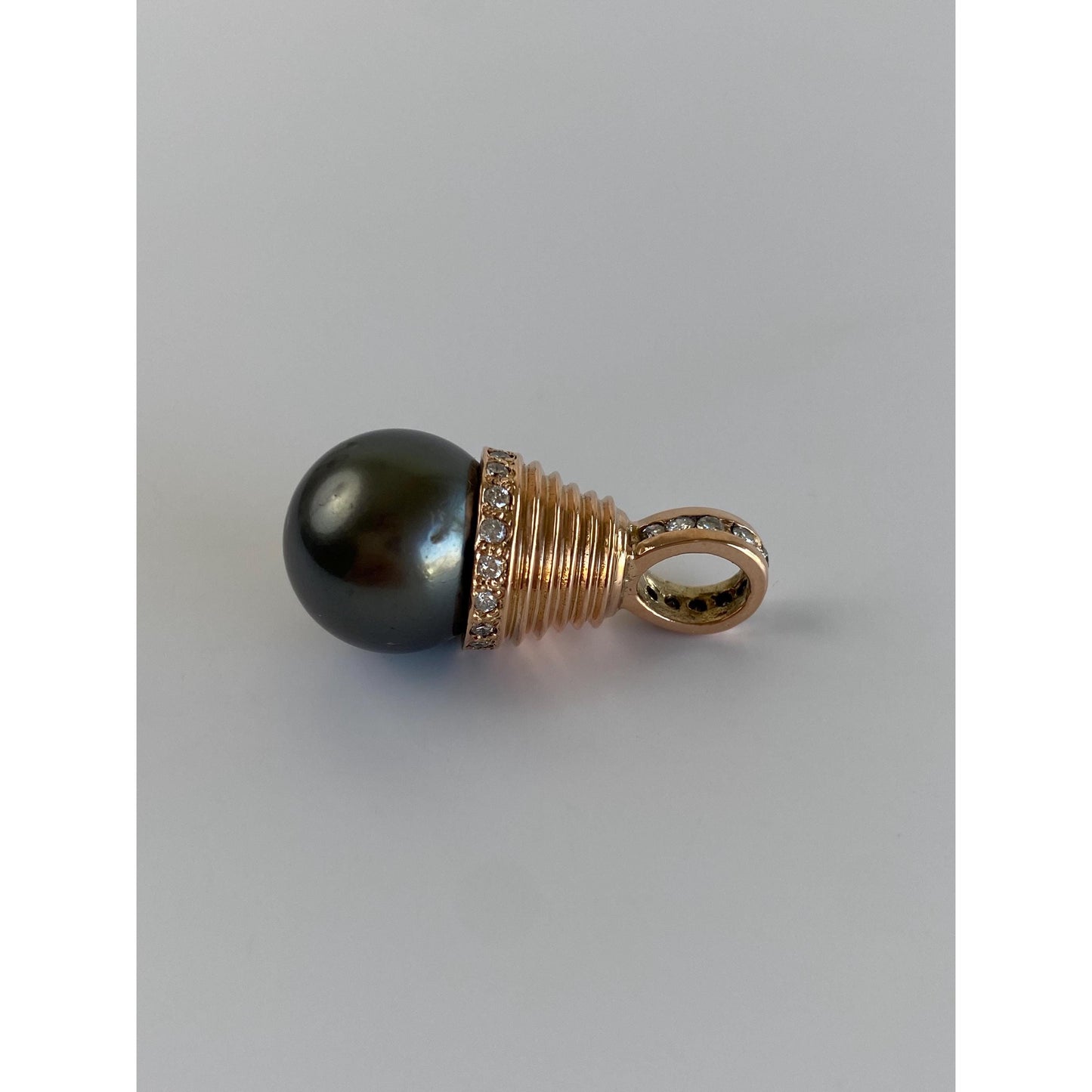 Vintage Solid 14k Rose Gold Diamond Grey Pearl Charm