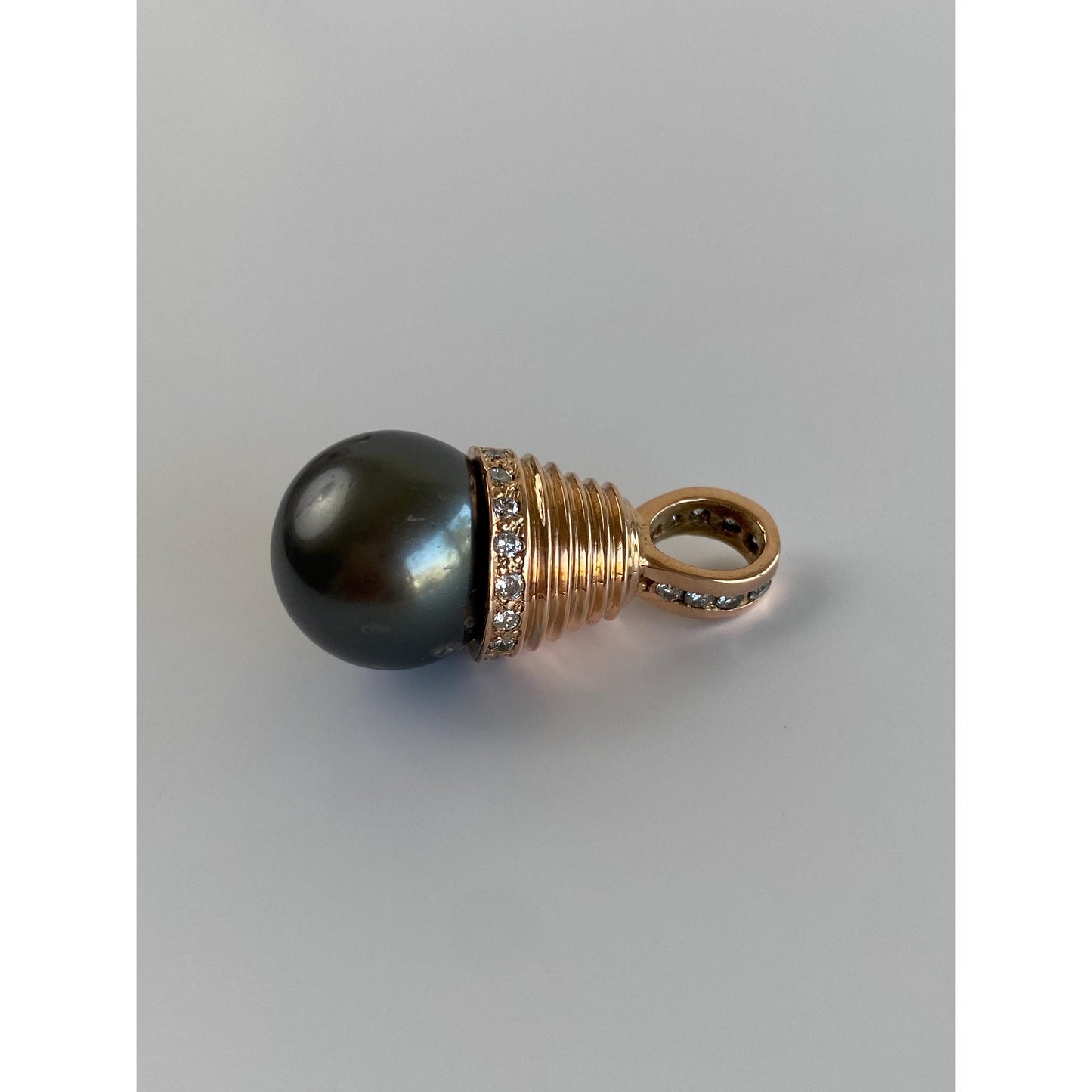 Vintage Solid 14k Rose Gold Diamond Grey Pearl Charm