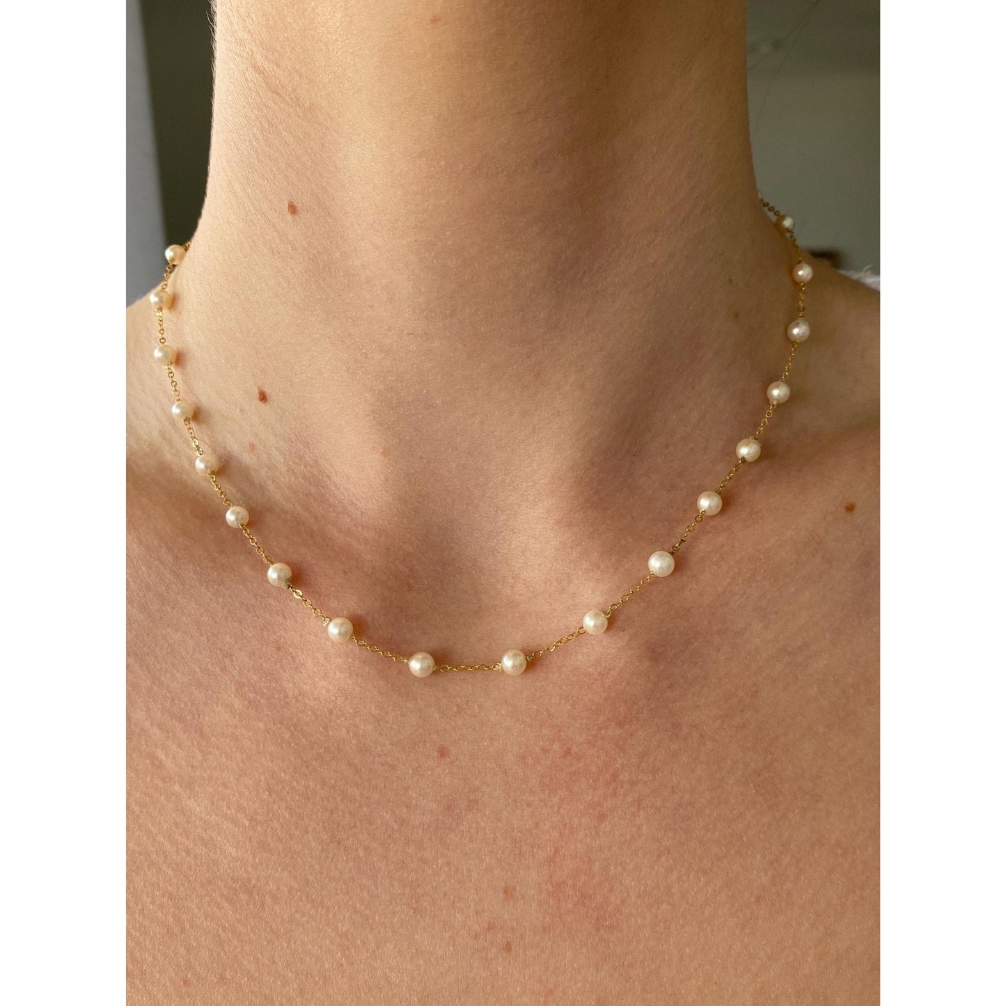 Vintage Solid 14k Yellow Gold Pearl Cable Chain Necklace - 16.25 inches