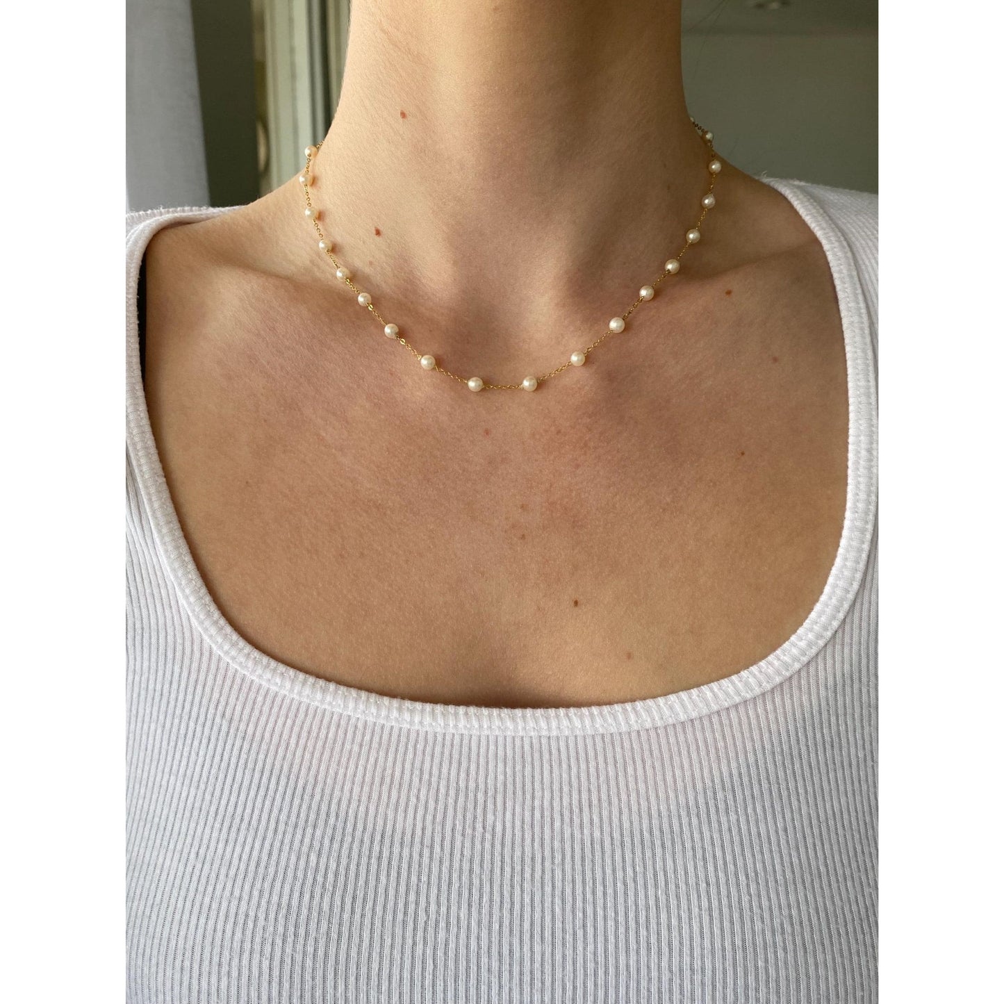 Vintage Solid 14k Yellow Gold Pearl Cable Chain Necklace - 16.25 inches