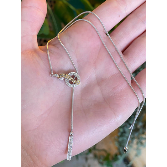 Vintage Solid 14k White & Yellow Gold Diamond Snake Chain Lariat Necklace - 17 inches