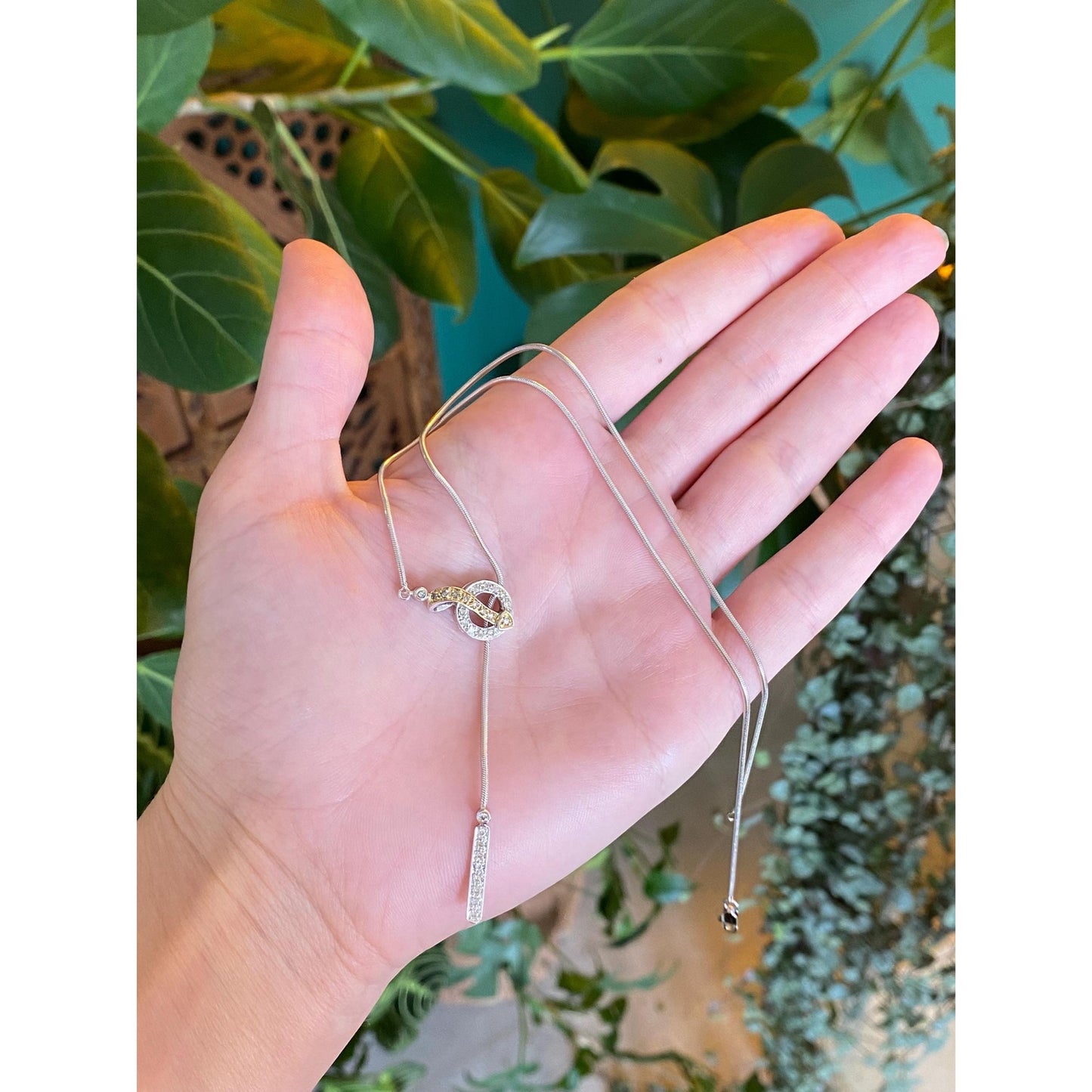 Vintage Solid 14k White & Yellow Gold Diamond Snake Chain Lariat Necklace - 17 inches