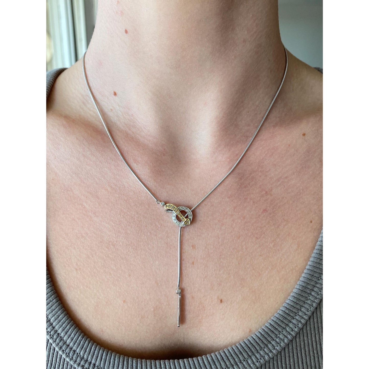 Vintage Solid 14k White & Yellow Gold Diamond Snake Chain Lariat Necklace - 17 inches