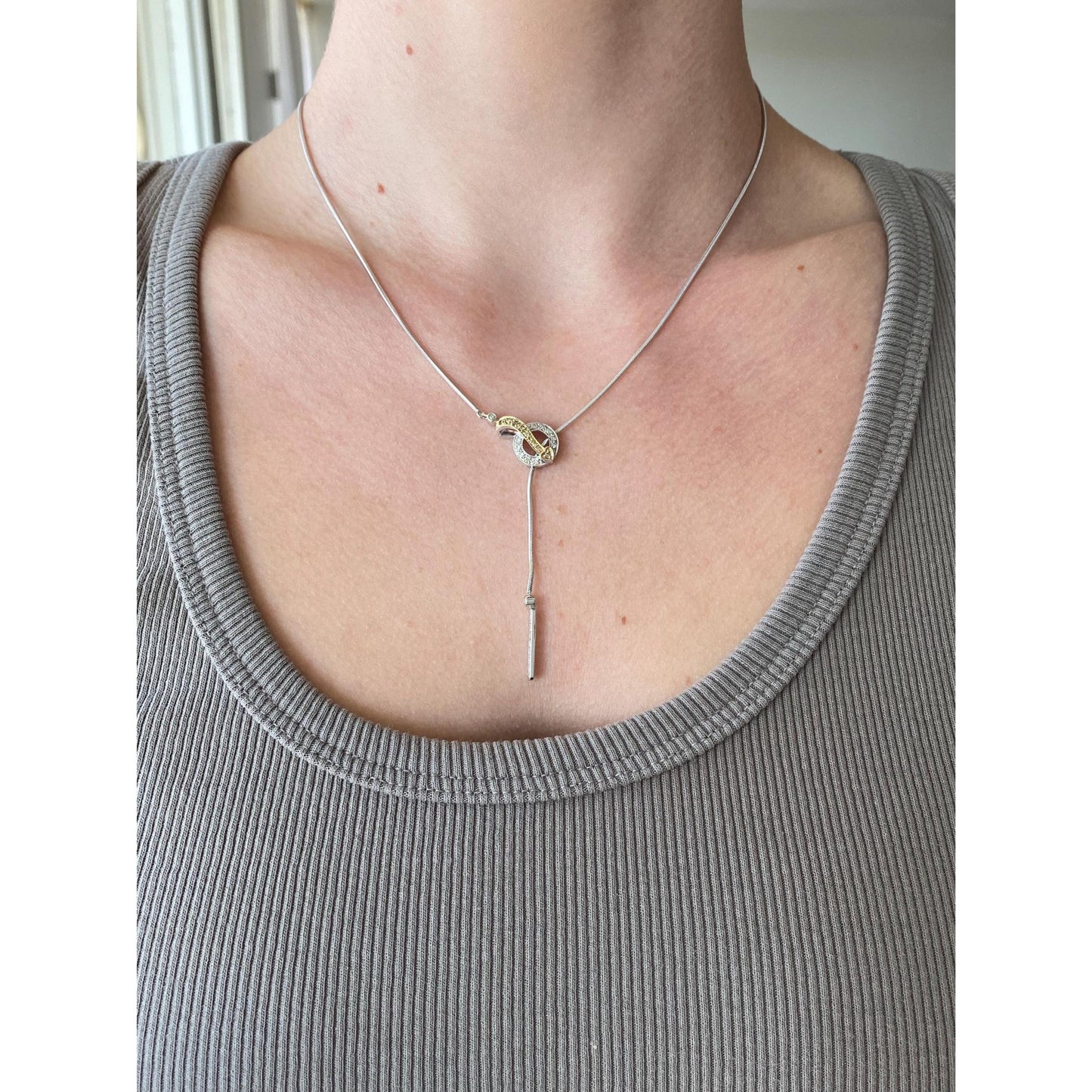 Vintage Solid 14k White & Yellow Gold Diamond Snake Chain Lariat Necklace - 17 inches