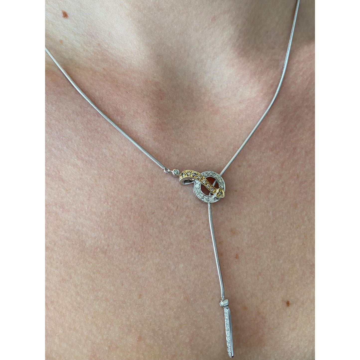 Vintage Solid 14k White & Yellow Gold Diamond Snake Chain Lariat Necklace - 17 inches