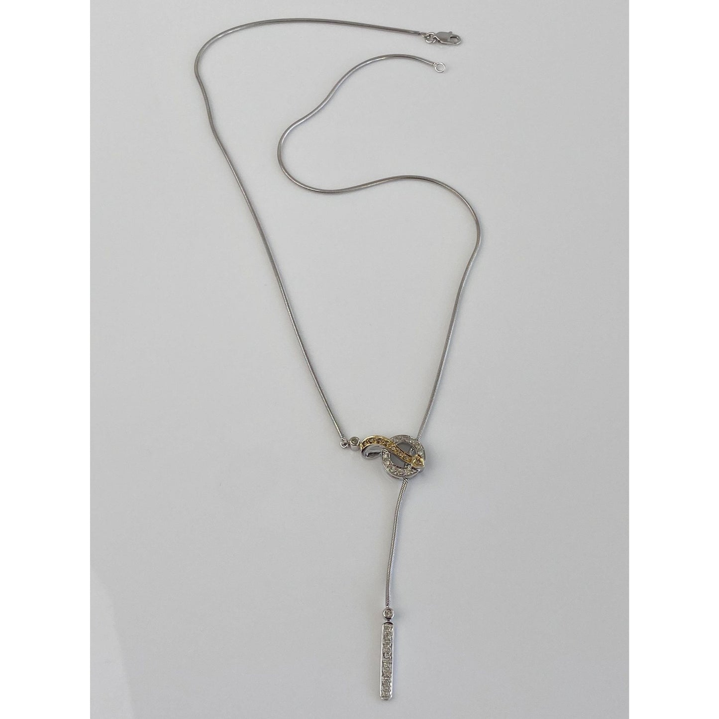 Vintage Solid 14k White & Yellow Gold Diamond Snake Chain Lariat Necklace - 17 inches