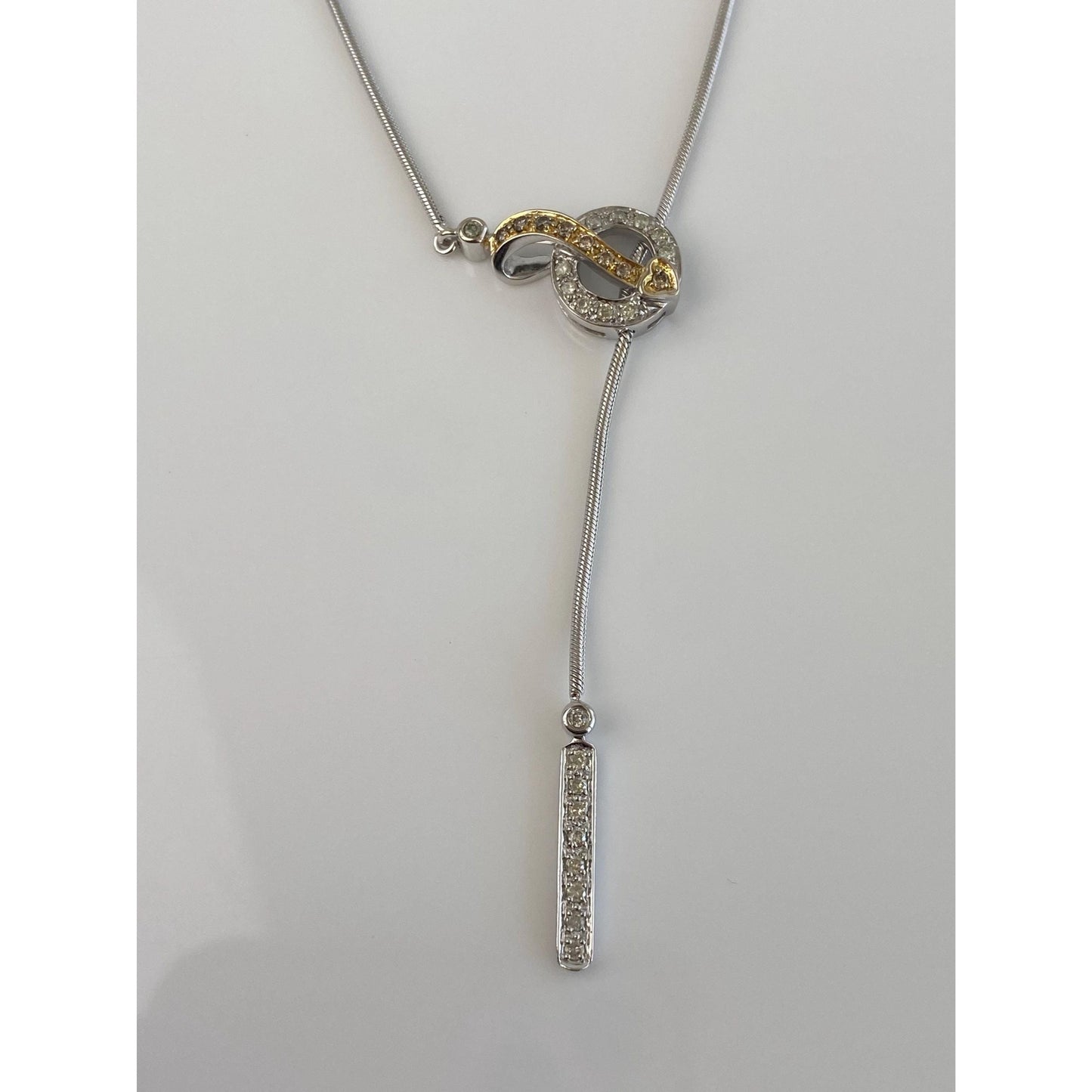 Vintage Solid 14k White & Yellow Gold Diamond Snake Chain Lariat Necklace - 17 inches