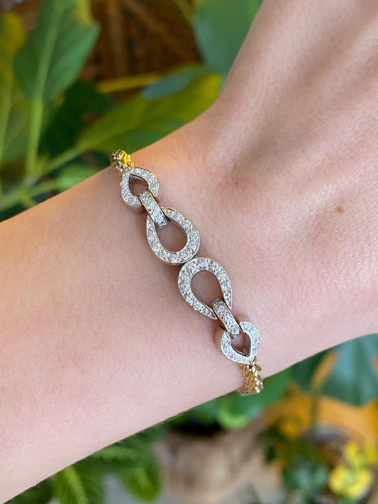 Vintage Solid 14k White & Yellow Gold Diamond Fancy Chain Bracelet - 6.25 inches
