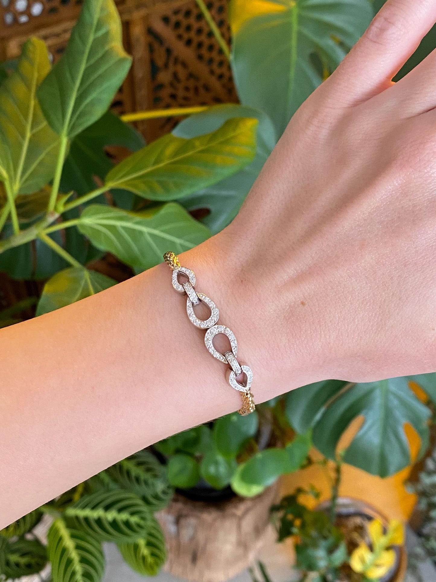 Vintage Solid 14k White & Yellow Gold Diamond Fancy Chain Bracelet - 6.25 inches