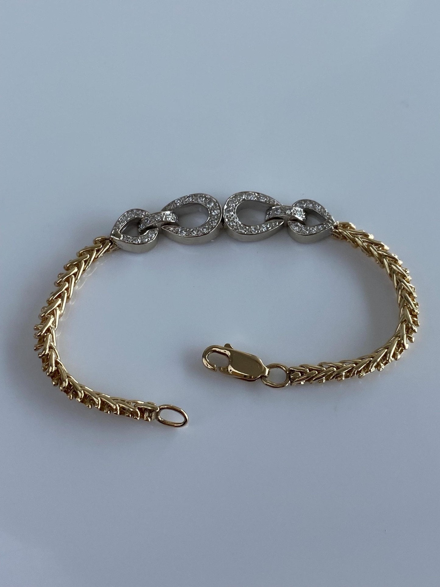 Vintage Solid 14k White & Yellow Gold Diamond Fancy Chain Bracelet - 6.25 inches