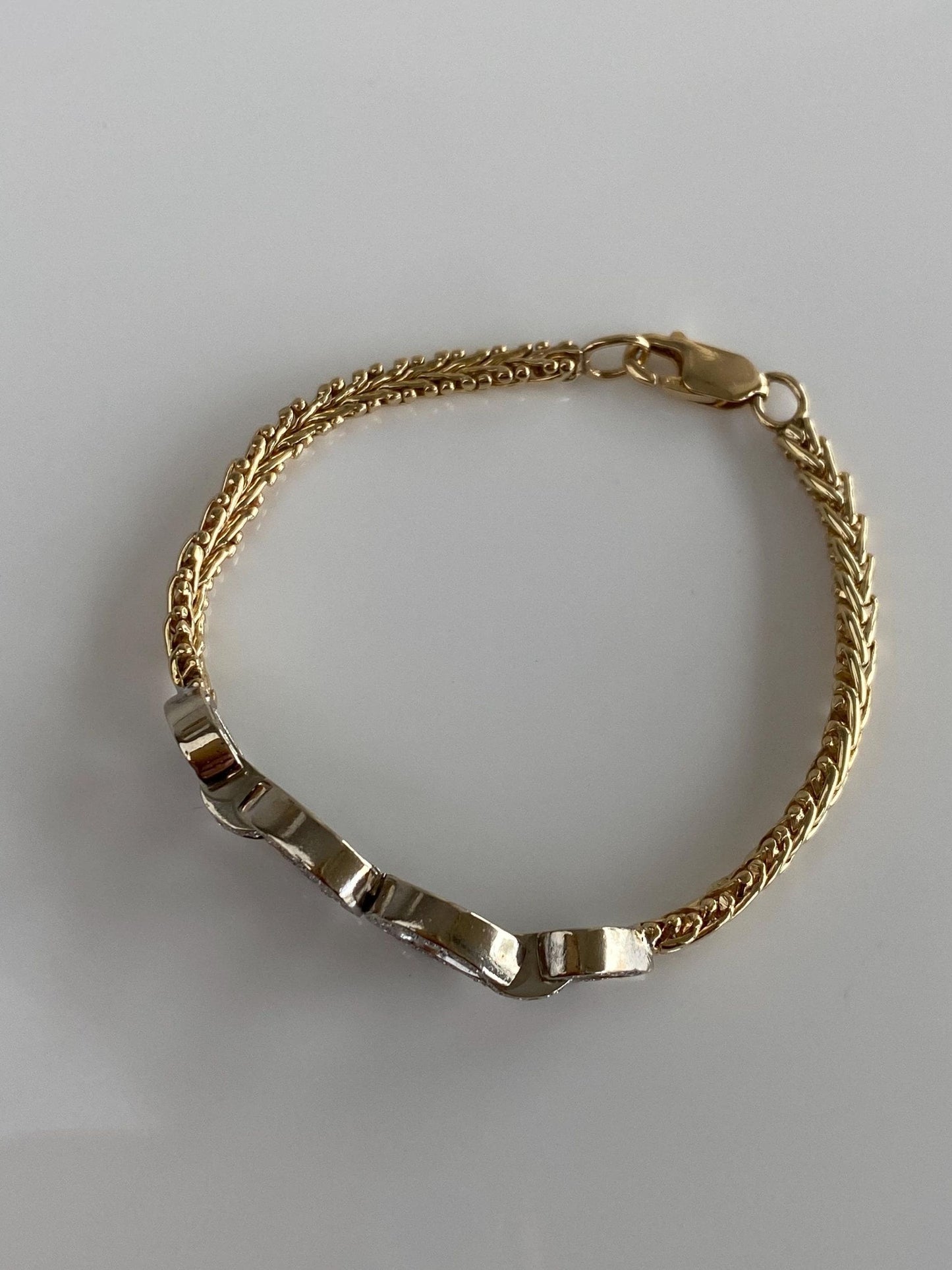Vintage Solid 14k White & Yellow Gold Diamond Fancy Chain Bracelet - 6.25 inches