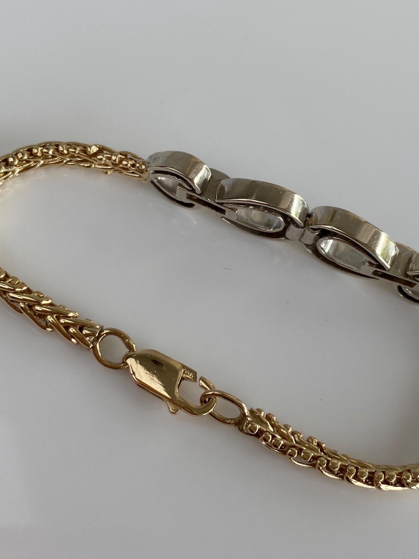 Vintage Solid 14k White & Yellow Gold Diamond Fancy Chain Bracelet - 6.25 inches