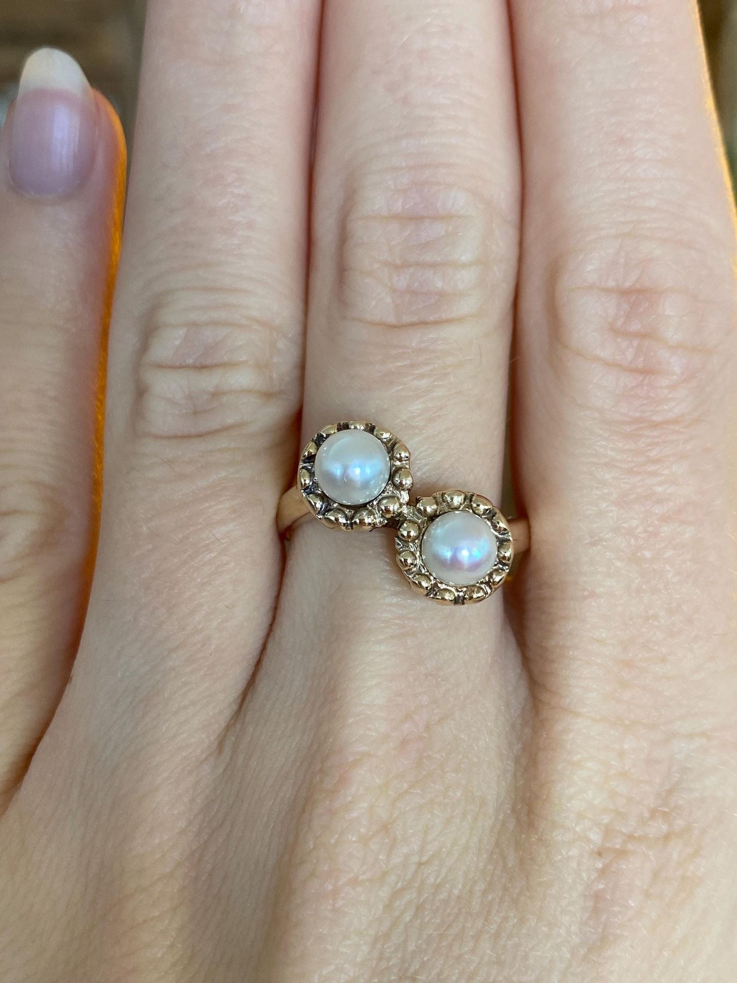 Vintage Solid 14k Yellow Gold Double Pearl Ring - Size 8.5