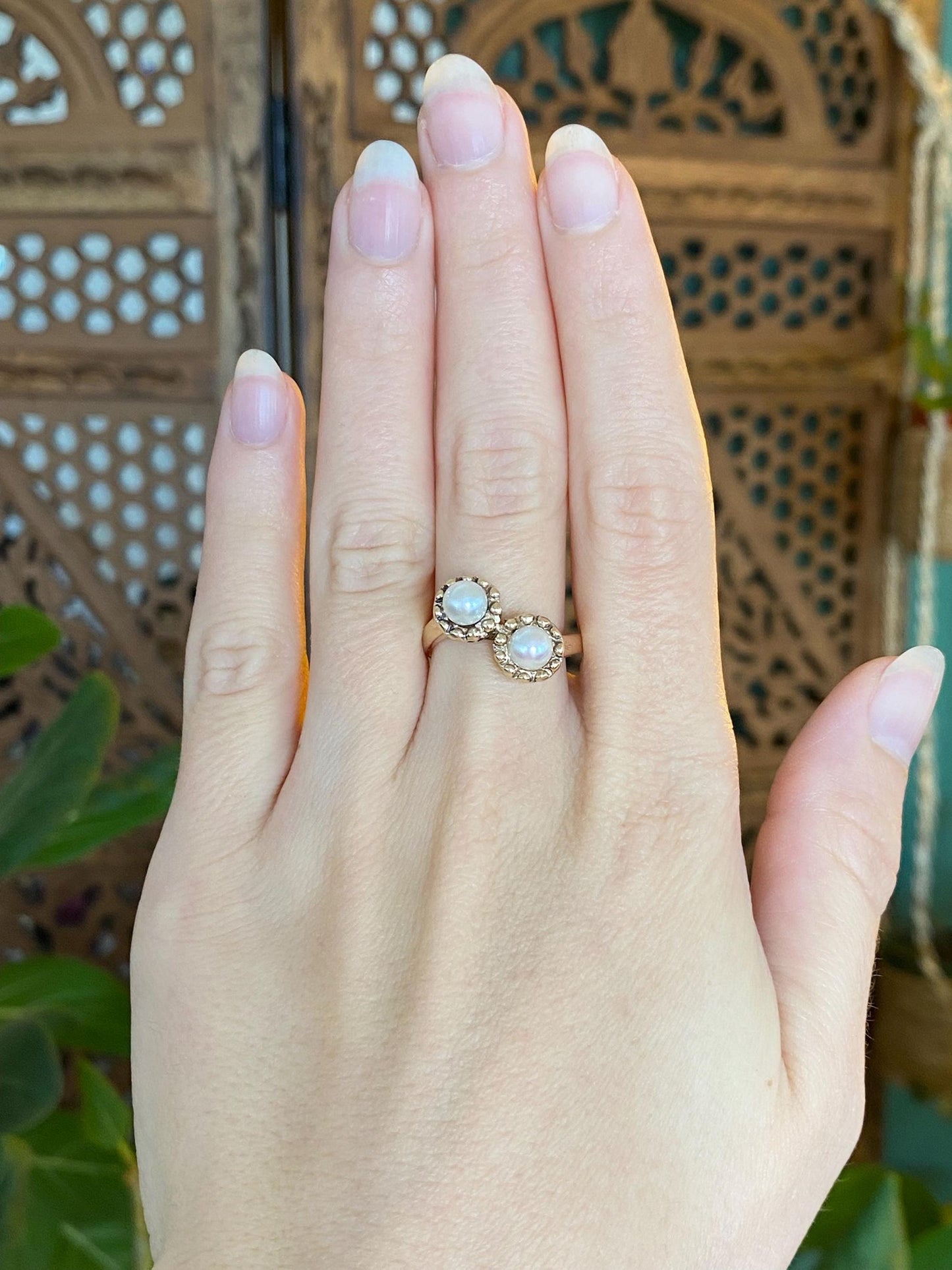 Vintage Solid 14k Yellow Gold Double Pearl Ring - Size 8.5