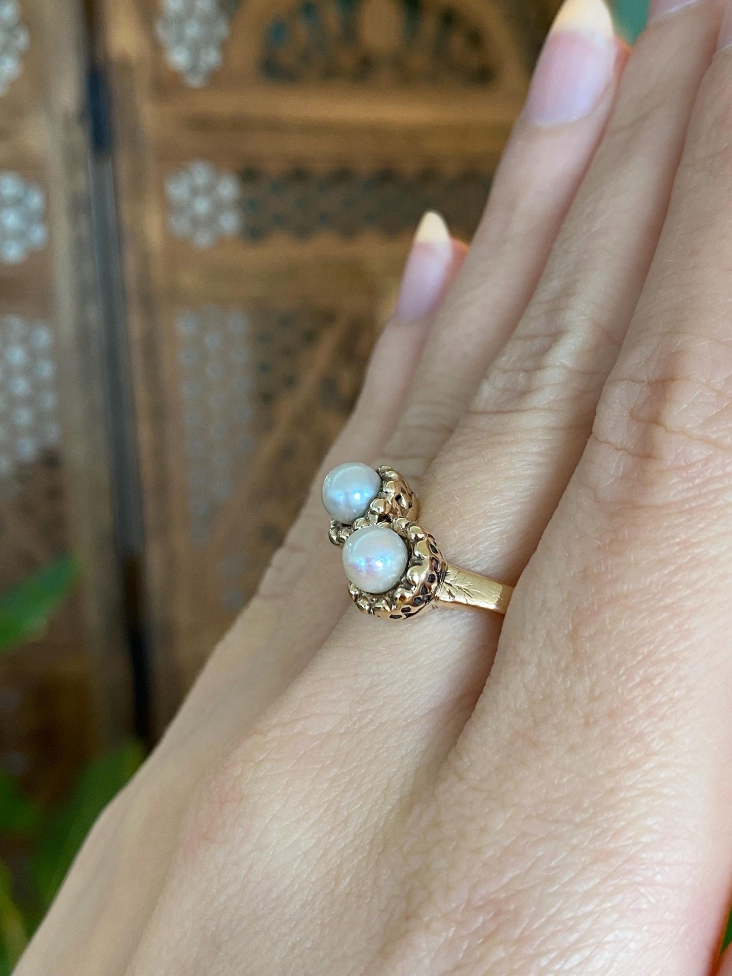 Vintage Solid 14k Yellow Gold Double Pearl Ring - Size 8.5
