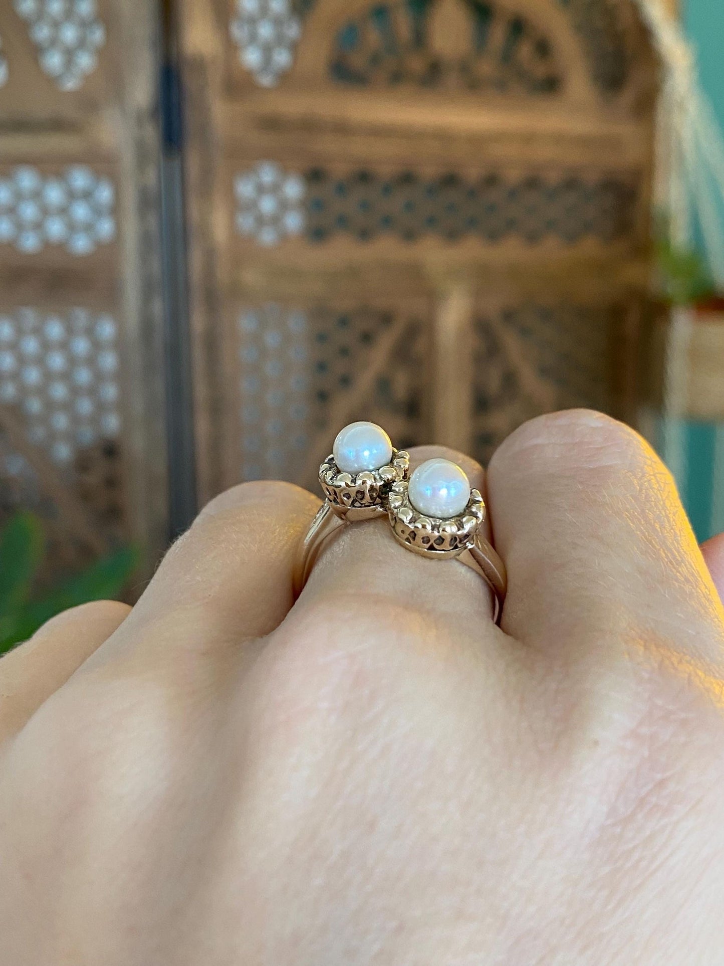 Vintage Solid 14k Yellow Gold Double Pearl Ring - Size 8.5