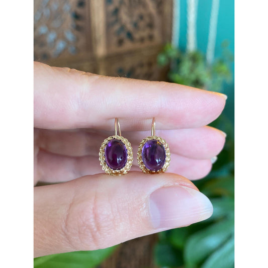 Vintage Solid 14k Yellow Gold Amethyst Dangle Earrings