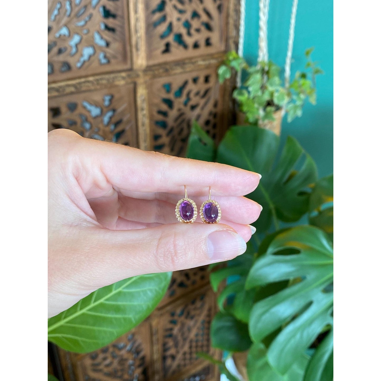 Vintage Solid 14k Yellow Gold Amethyst Dangle Earrings