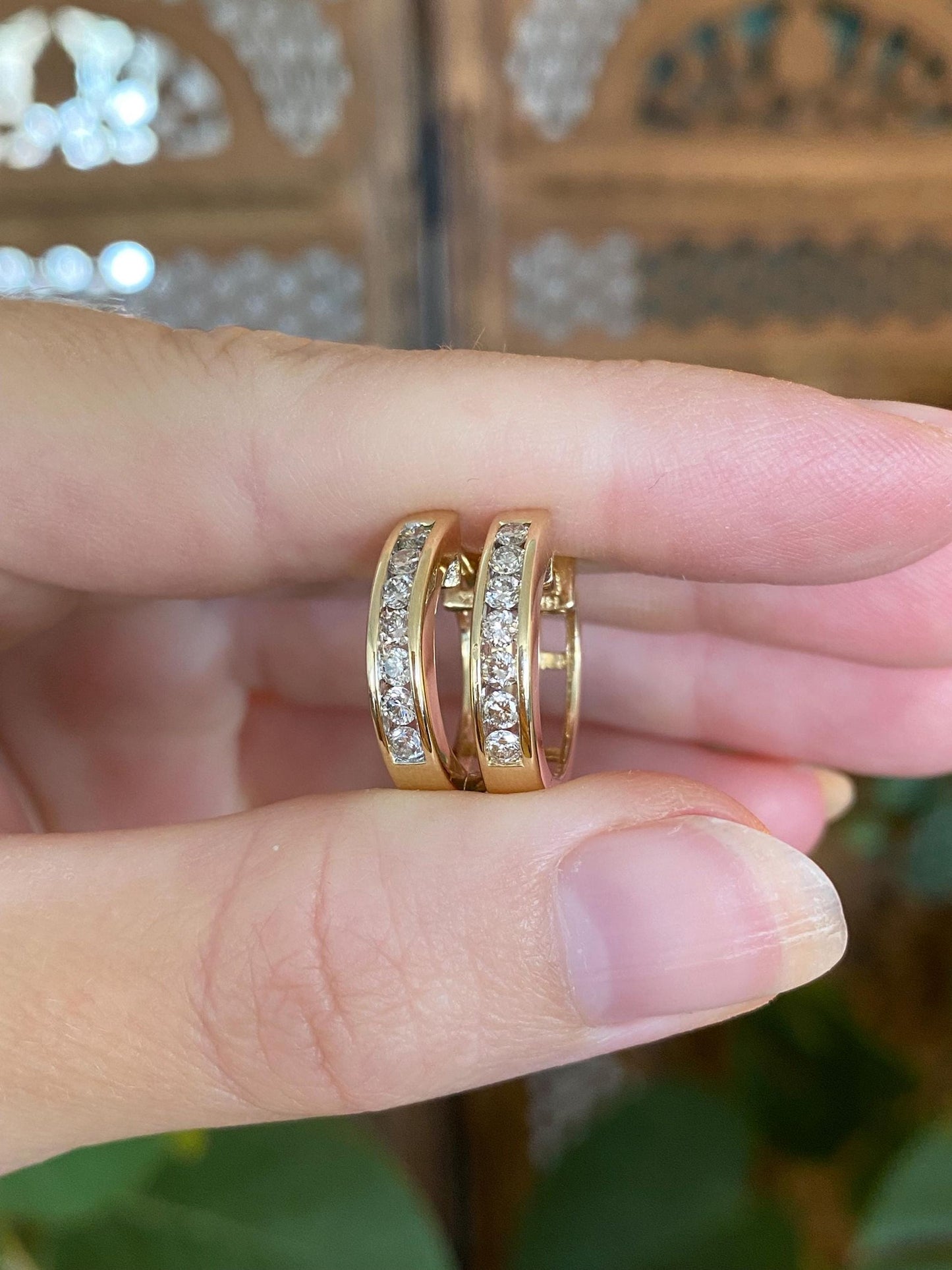 Vintage Solid 14k Yellow Gold Diamond Hoop Earrings