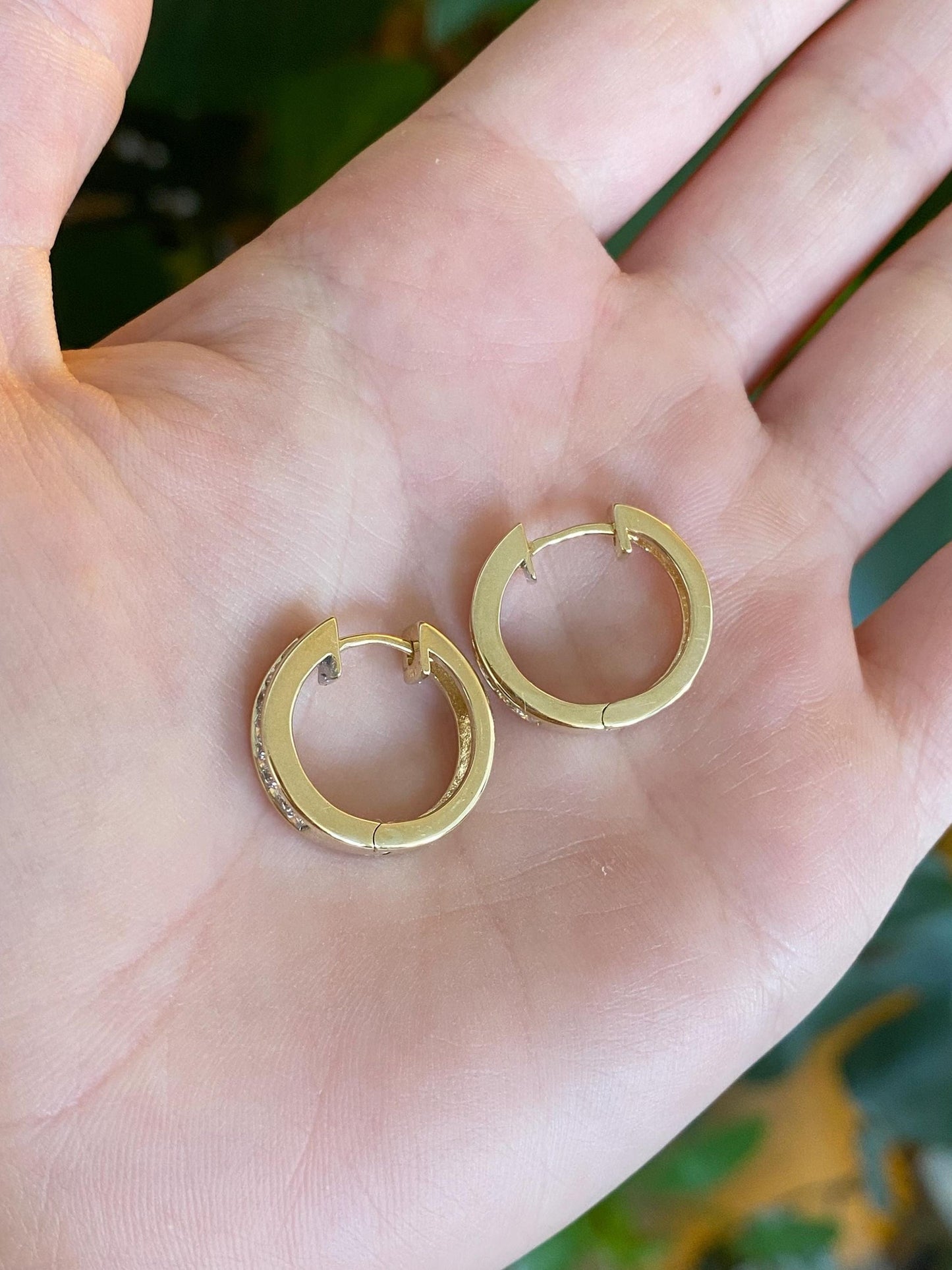 Vintage Solid 14k Yellow Gold Diamond Hoop Earrings