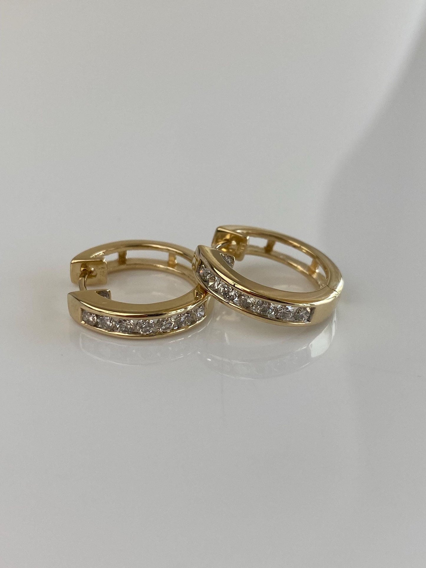 Vintage Solid 14k Yellow Gold Diamond Hoop Earrings