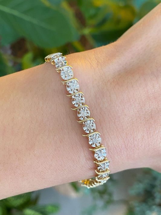 Vintage Solid 10k White & Yellow Gold Diamond Link Bracelet - 7 inches