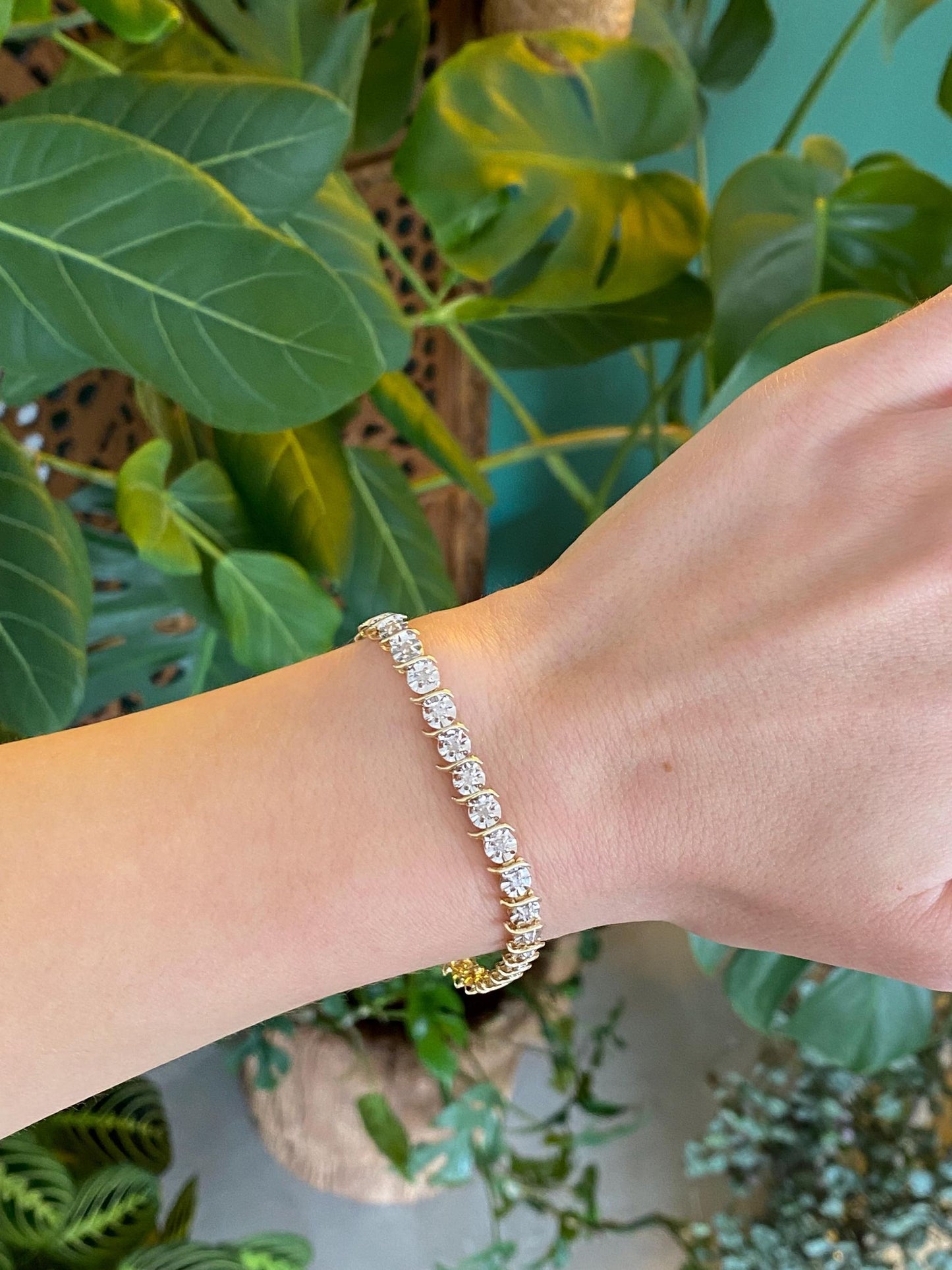 Vintage Solid 10k White & Yellow Gold Diamond Link Bracelet - 7 inches