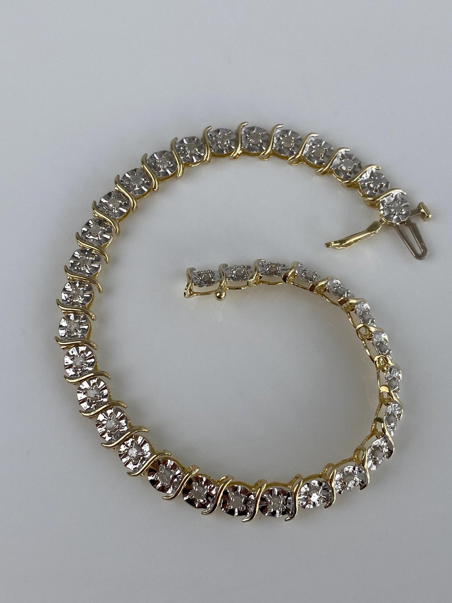 Vintage Solid 10k White & Yellow Gold Diamond Link Bracelet - 7 inches