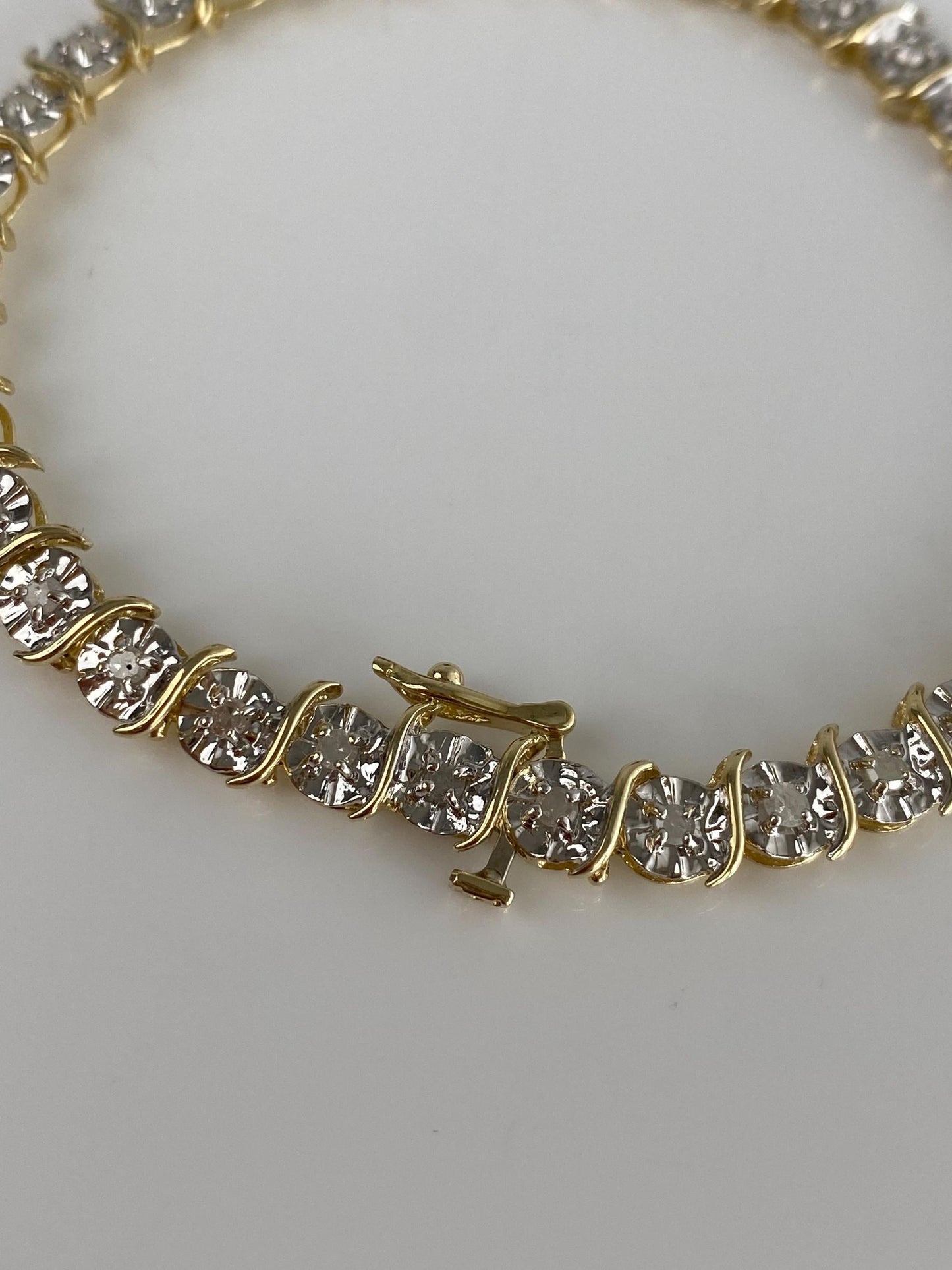 Vintage Solid 10k White & Yellow Gold Diamond Link Bracelet - 7 inches