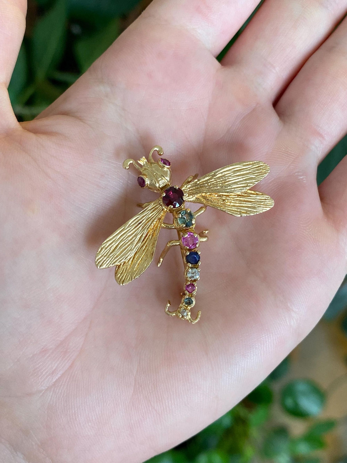Vintage Solid 14k Yellow Gold Pink Blue & Clear Sapphire Garnet Topaz Diamond Pink and Green Spinel Dragonfly Brooch Pin
