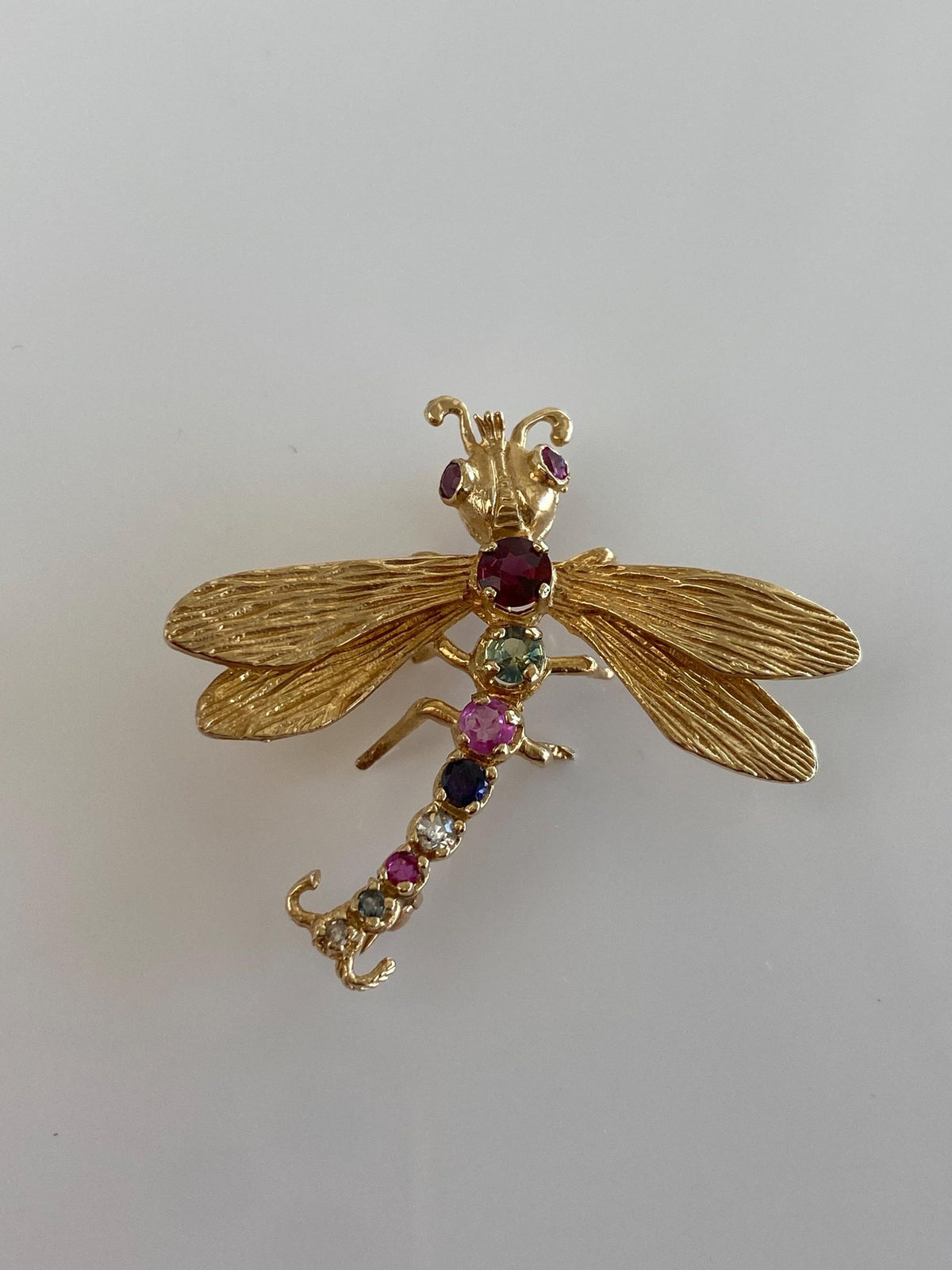Vintage Solid 14k Yellow Gold Pink Blue & Clear Sapphire Garnet Topaz Diamond Pink and Green Spinel Dragonfly Brooch Pin