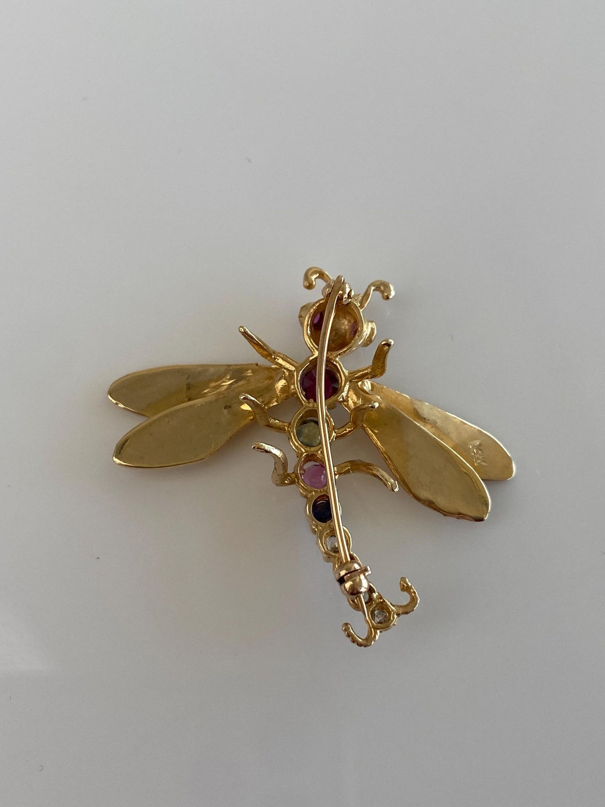 Vintage Solid 14k Yellow Gold Pink Blue & Clear Sapphire Garnet Topaz Diamond Pink and Green Spinel Dragonfly Brooch Pin