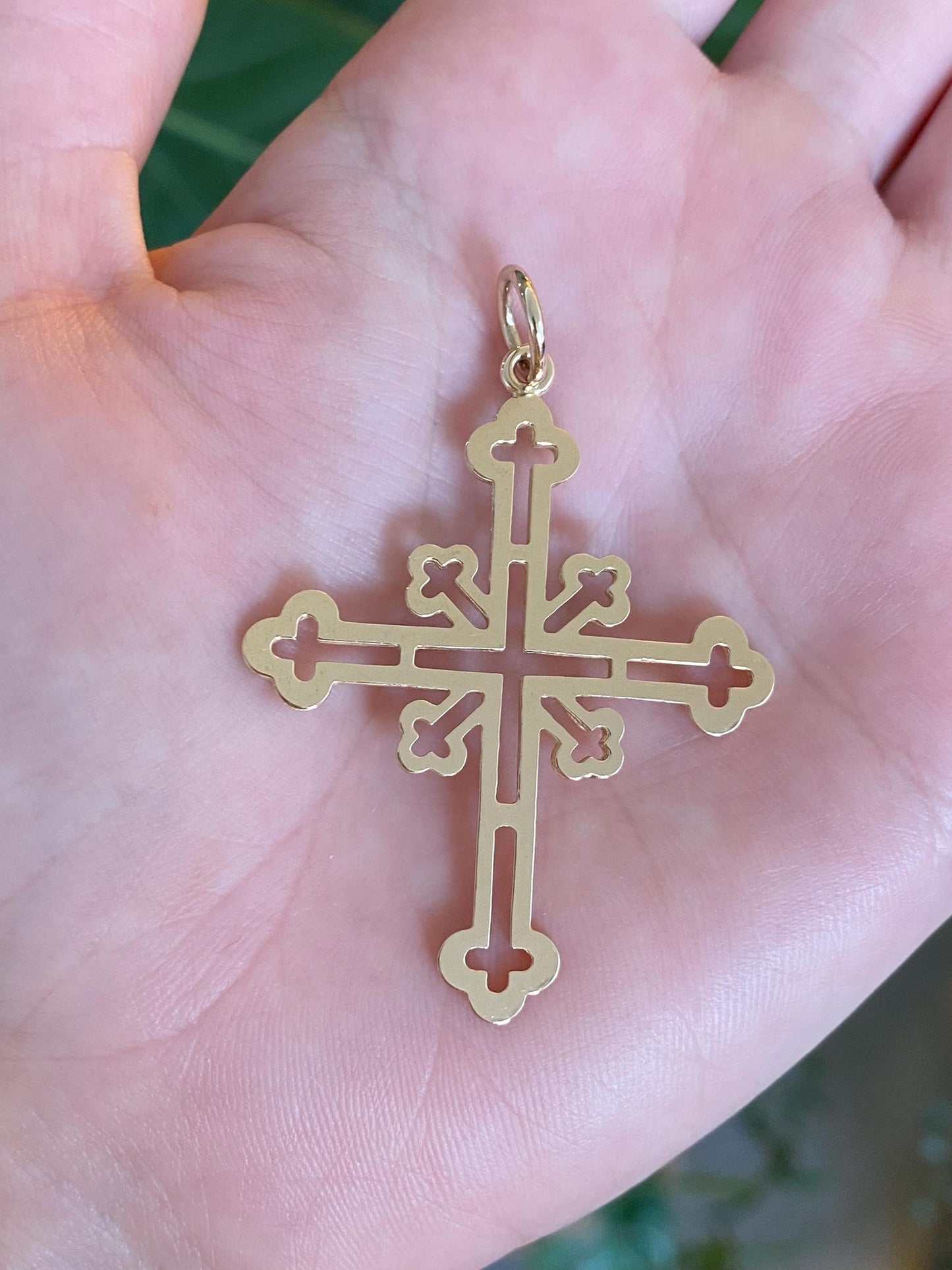 Vintage Solid 14k Yellow Gold Large Open Work Cross Charm