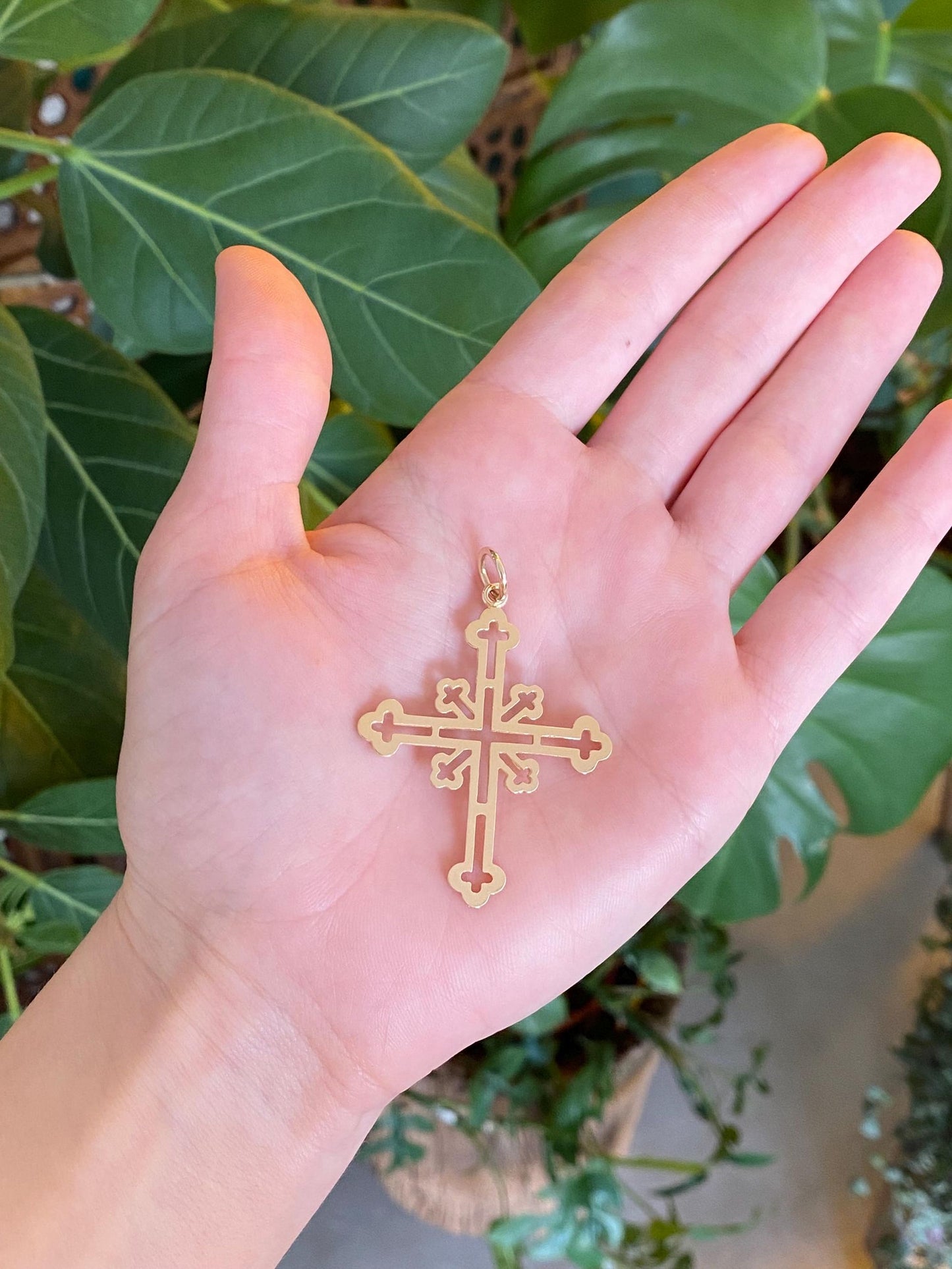 Vintage Solid 14k Yellow Gold Large Open Work Cross Charm