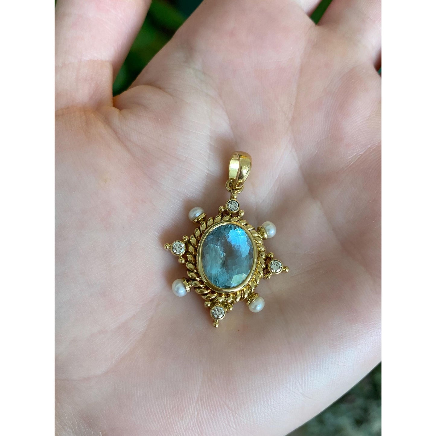 Vintage Solid 18k Yellow Gold Diamond Aquamarine Pearls Charm