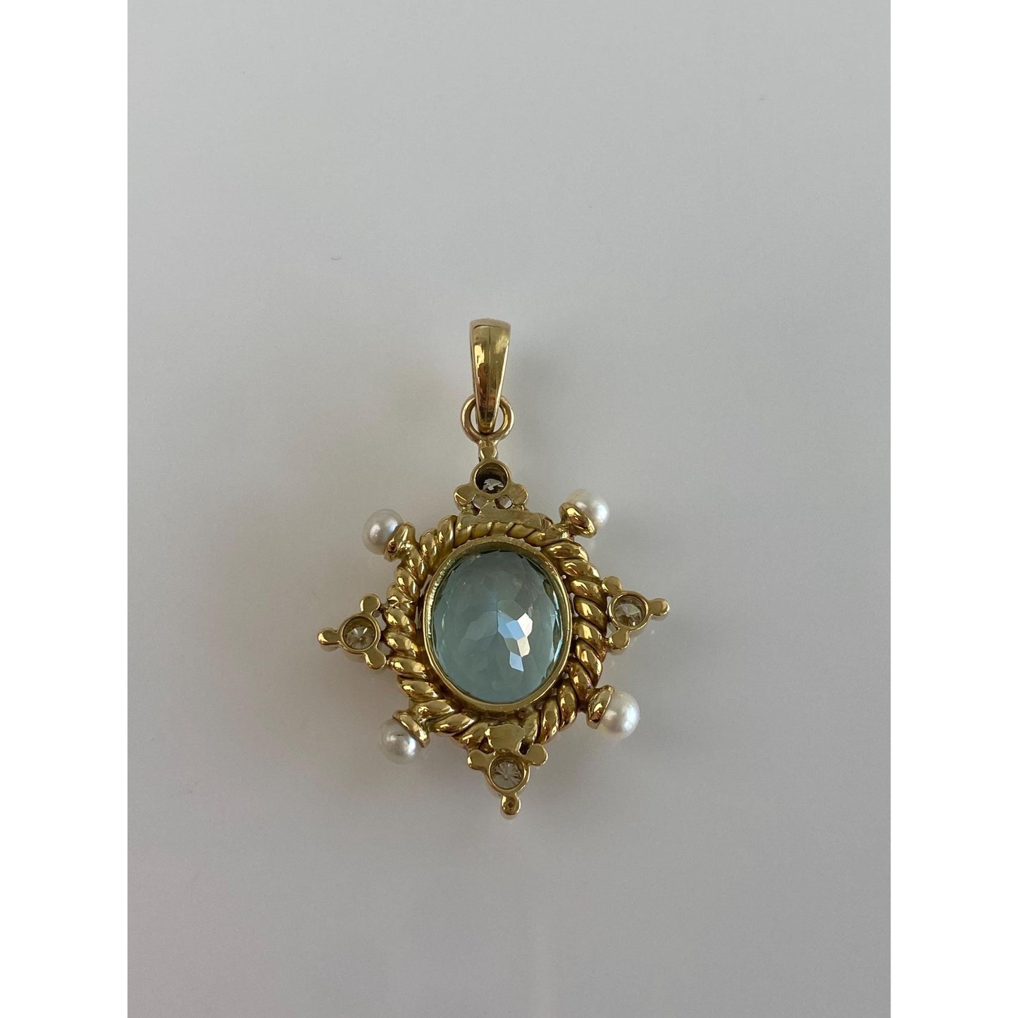 Vintage Solid 18k Yellow Gold Diamond Aquamarine Pearls Charm