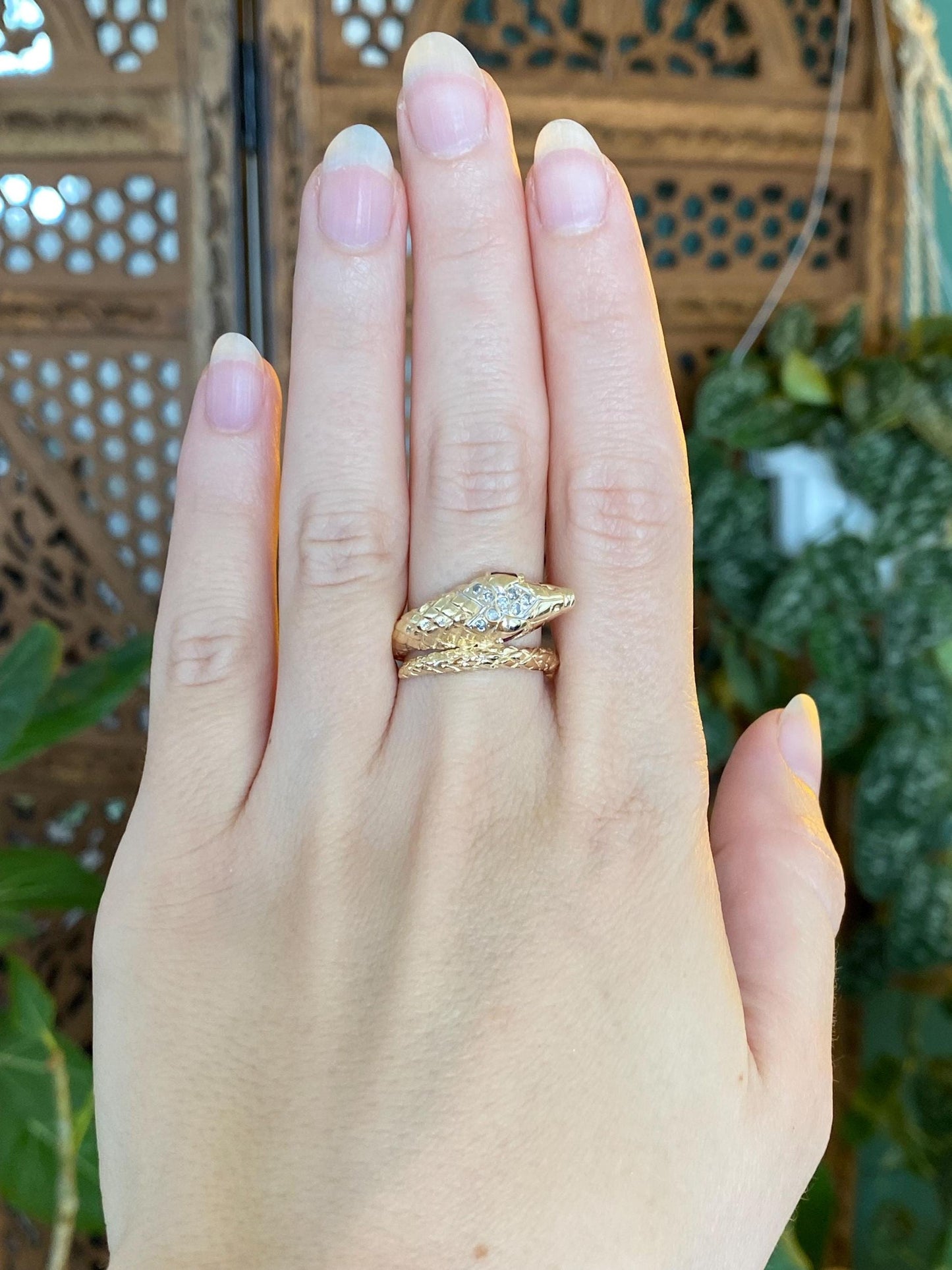 Vintage Solid 14k Yellow Gold Ruby Eyes Diamond Head Snake Wrap Ring - Size 7.5