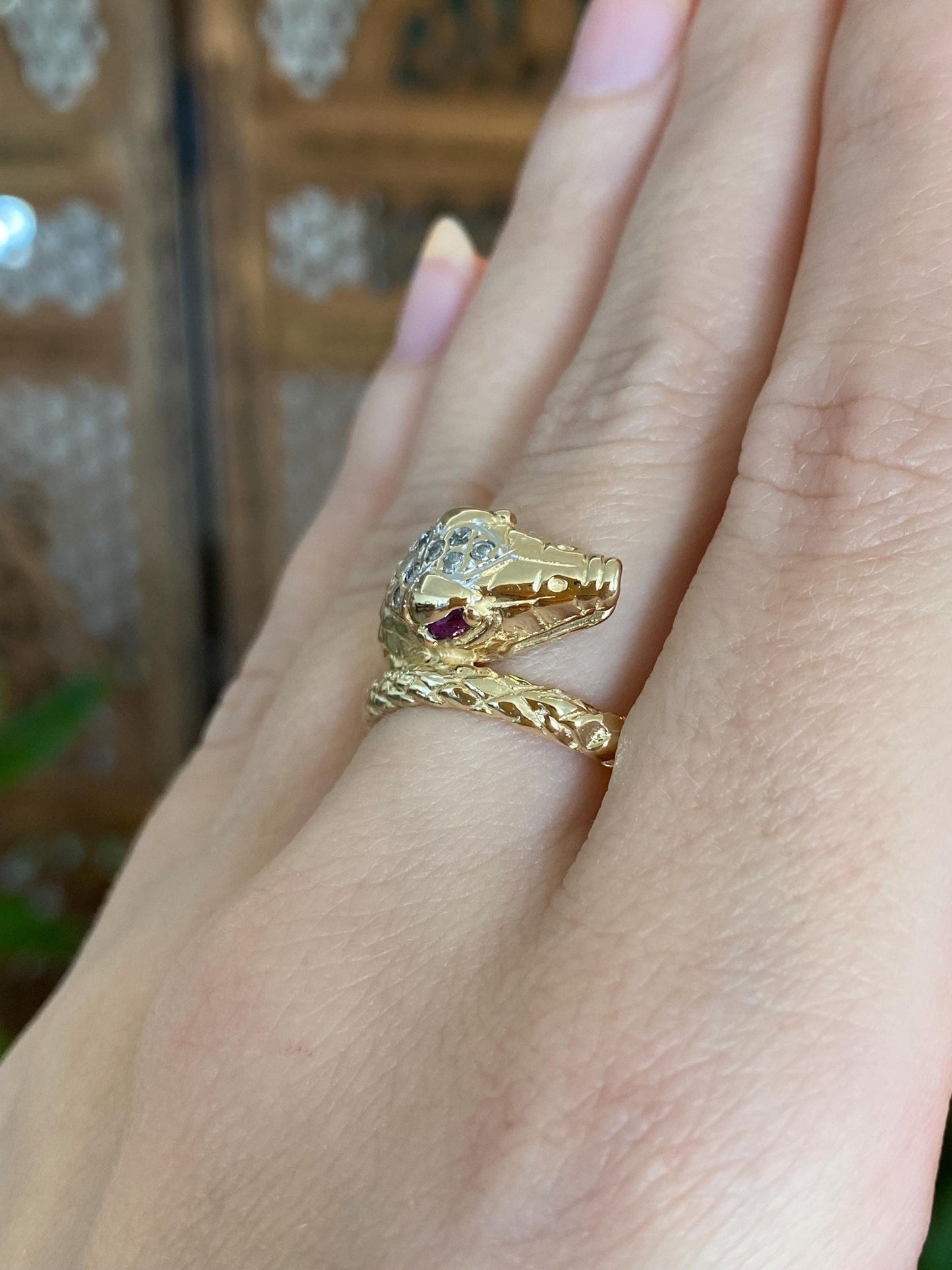 Vintage Solid 14k Yellow Gold Ruby Eyes Diamond Head Snake Wrap Ring - Size 7.5