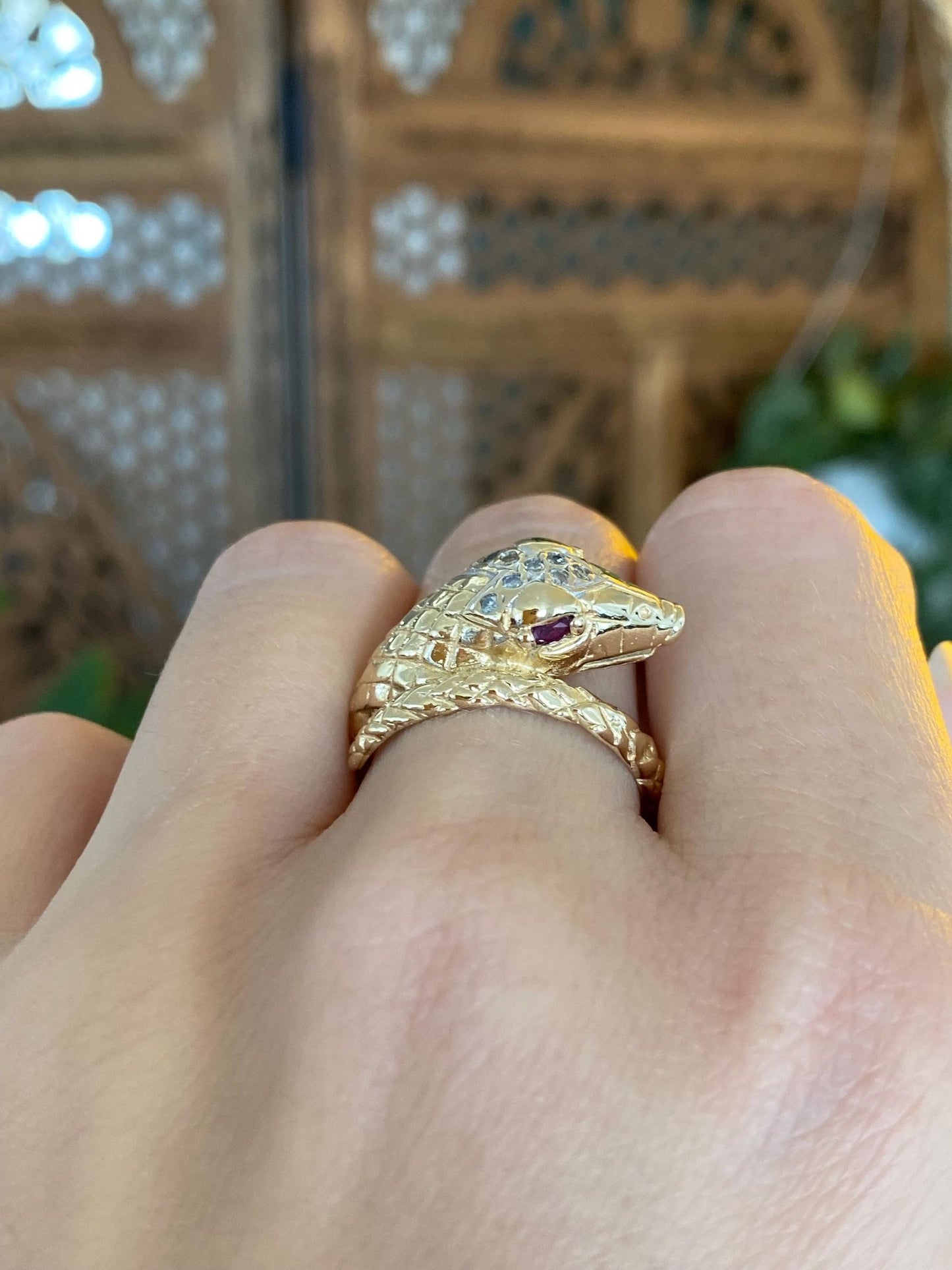 Vintage Solid 14k Yellow Gold Ruby Eyes Diamond Head Snake Wrap Ring - Size 7.5