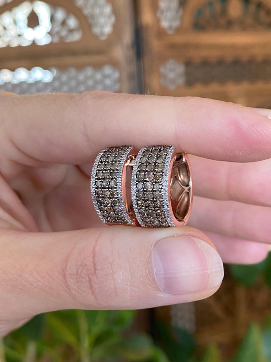 Vintage Solid 10k Rose Gold Champagne & Clear Diamond Hoop Earrings