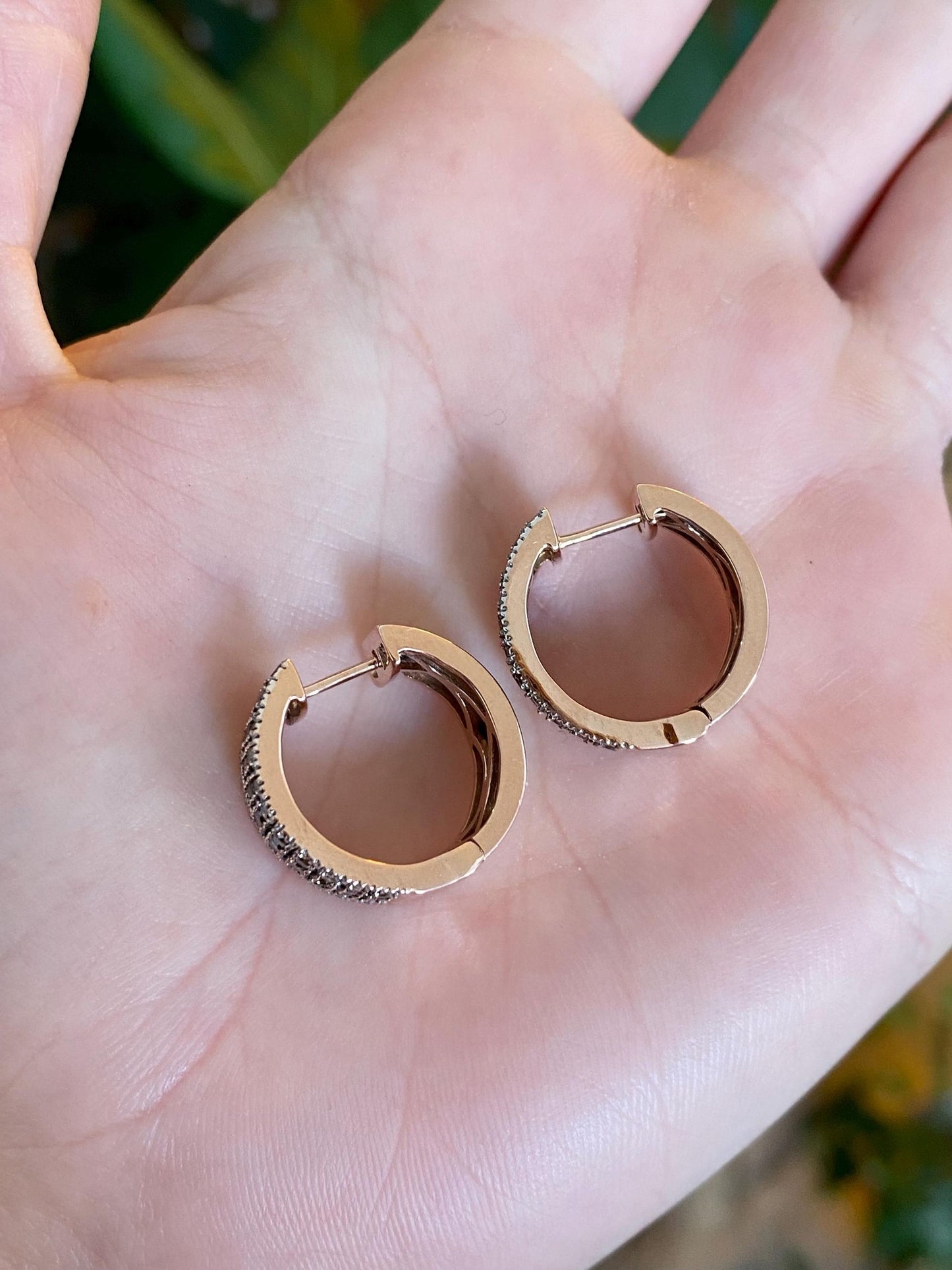 Vintage Solid 10k Rose Gold Champagne & Clear Diamond Hoop Earrings