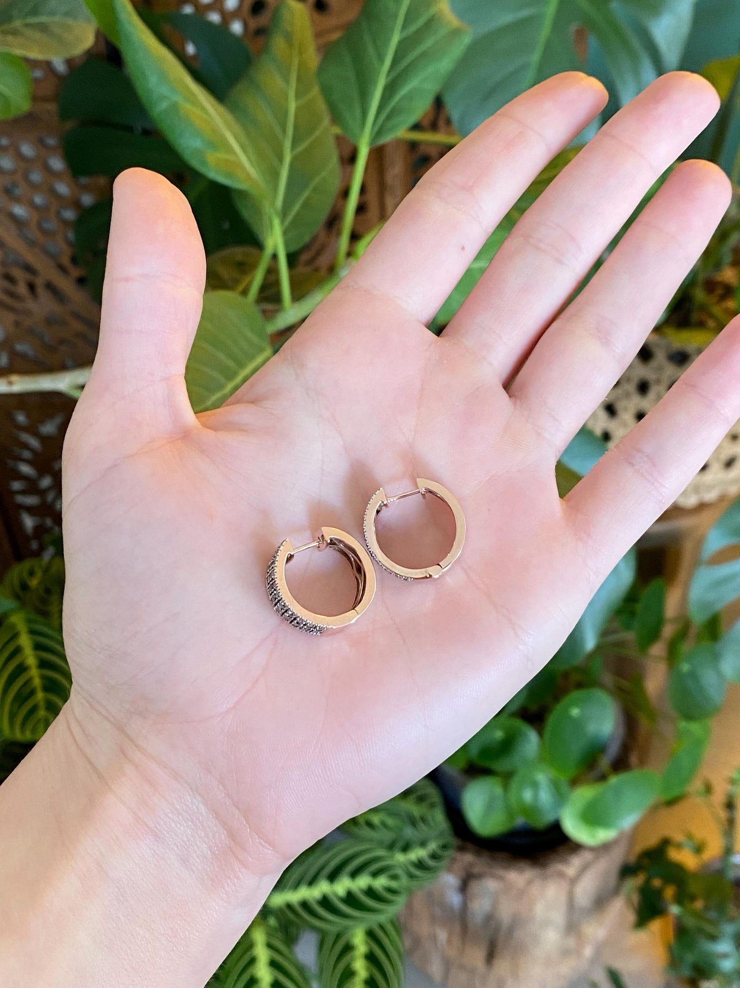 Vintage Solid 10k Rose Gold Champagne & Clear Diamond Hoop Earrings