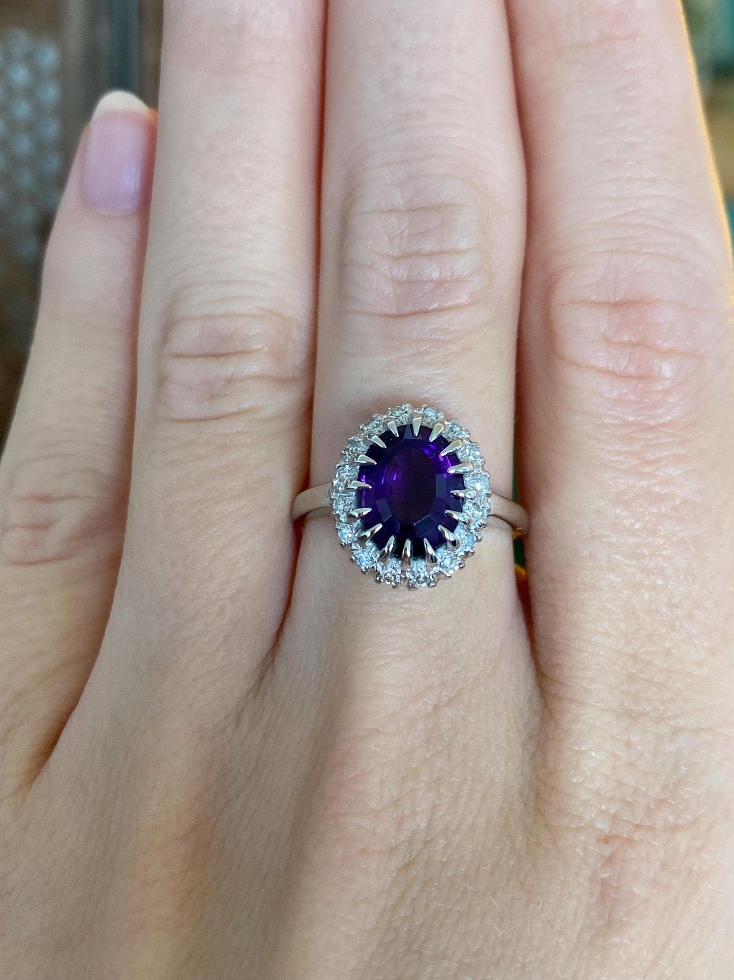 Vintage Solid 14k White Gold Diamond Halo Amethyst Ring - Size 6.75