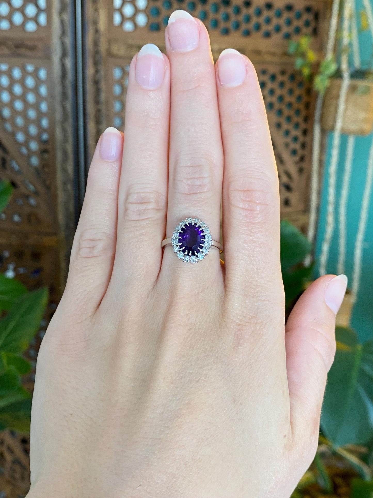 Vintage Solid 14k White Gold Diamond Halo Amethyst Ring - Size 6.75