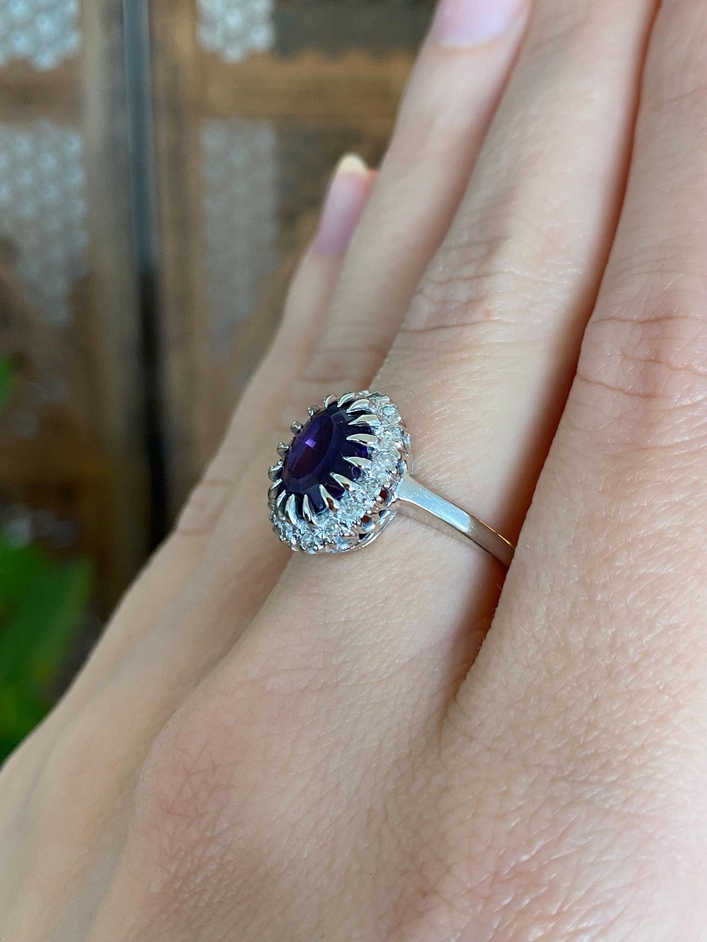 Vintage Solid 14k White Gold Diamond Halo Amethyst Ring - Size 6.75