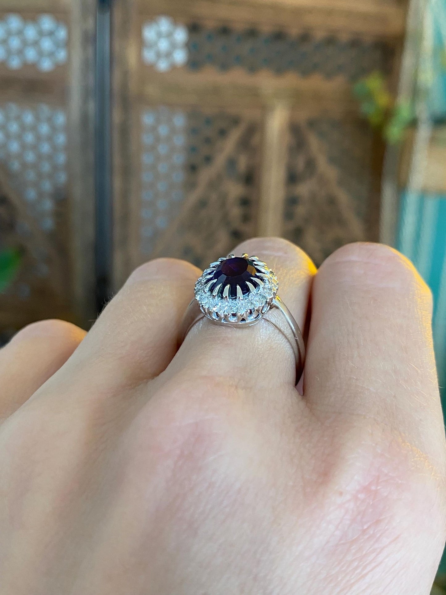 Vintage Solid 14k White Gold Diamond Halo Amethyst Ring - Size 6.75