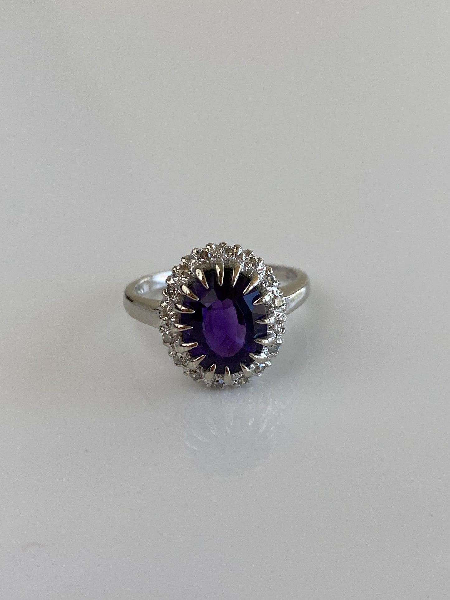 Vintage Solid 14k White Gold Diamond Halo Amethyst Ring - Size 6.75