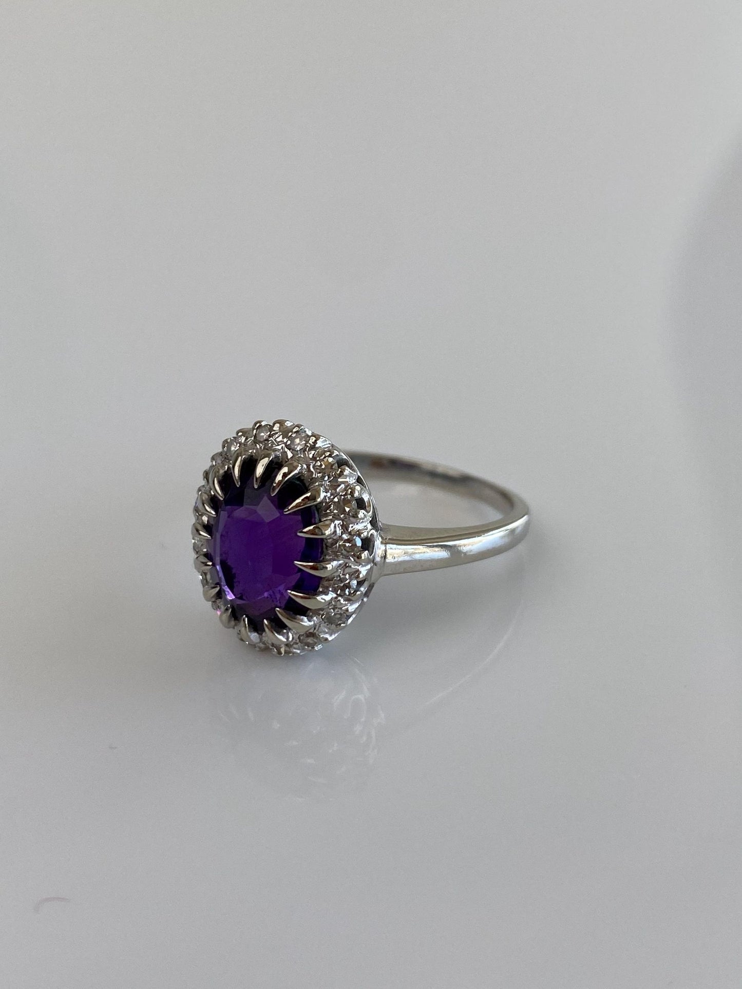 Vintage Solid 14k White Gold Diamond Halo Amethyst Ring - Size 6.75
