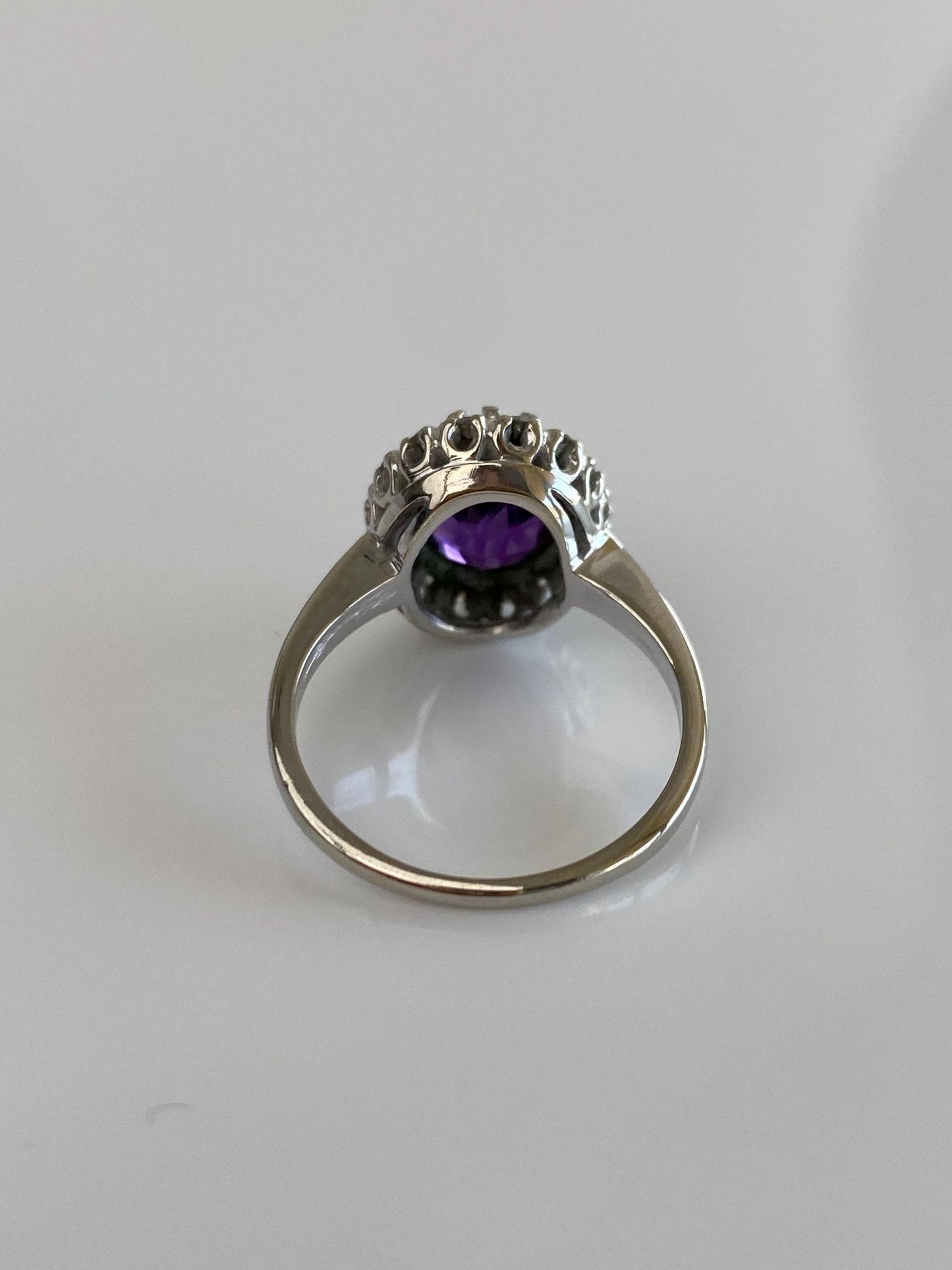 Vintage Solid 14k White Gold Diamond Halo Amethyst Ring - Size 6.75